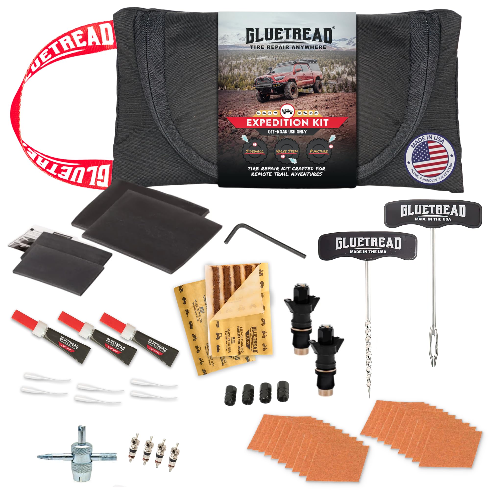 GlueTread Expedition All-Inclusive Off-Road Tire Repair Kit | Repair Any Kind of Tire Damage or Puncture | Includes Sidewall Tire Repair Patches,