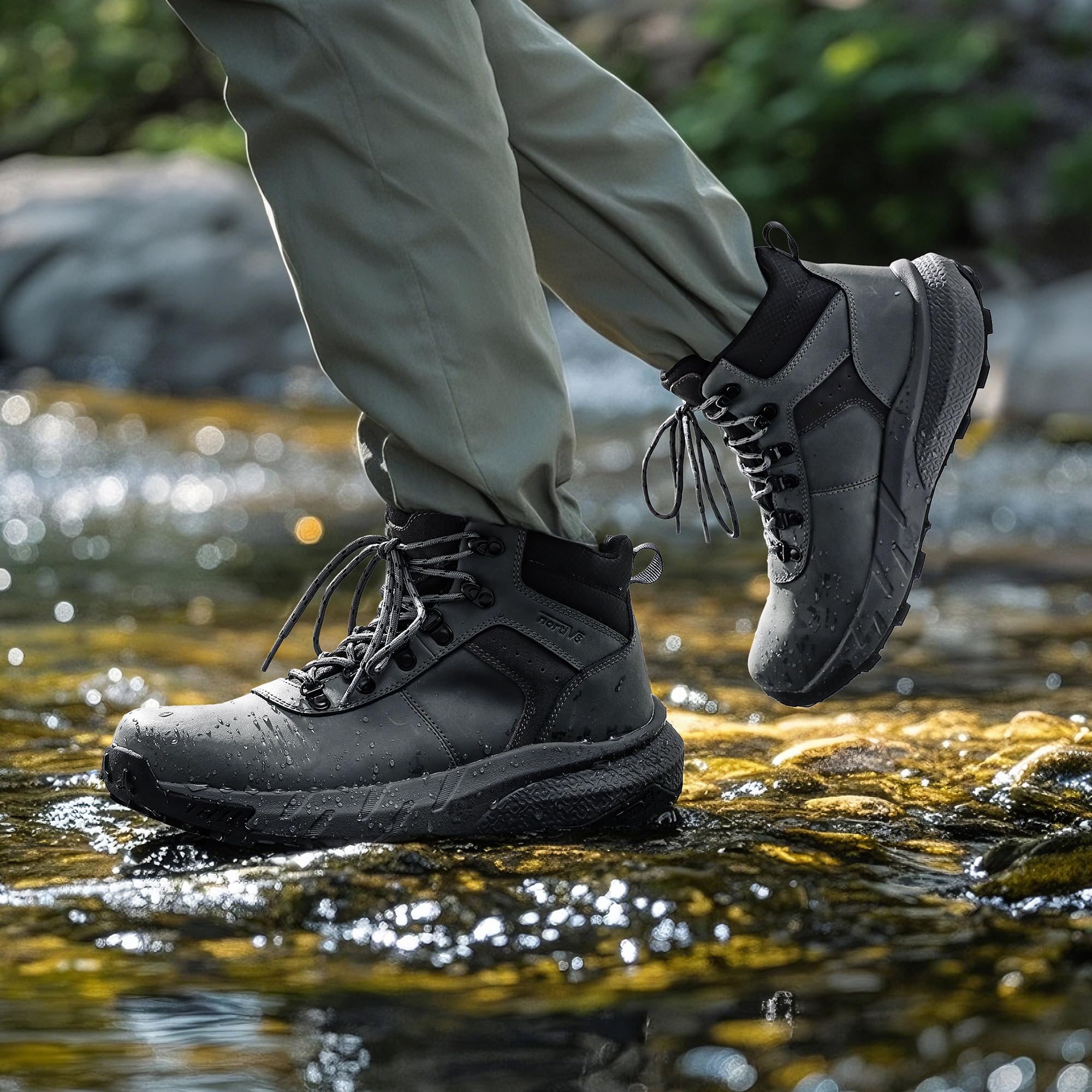 NORTIV 8 Buty trekkingowe męskie, skórzane, wodoodporne, Szary, 43 EU | Oddychające i wygodne do wędrówek i codziennego użytku, z dodatkową ochroną i wsparciem