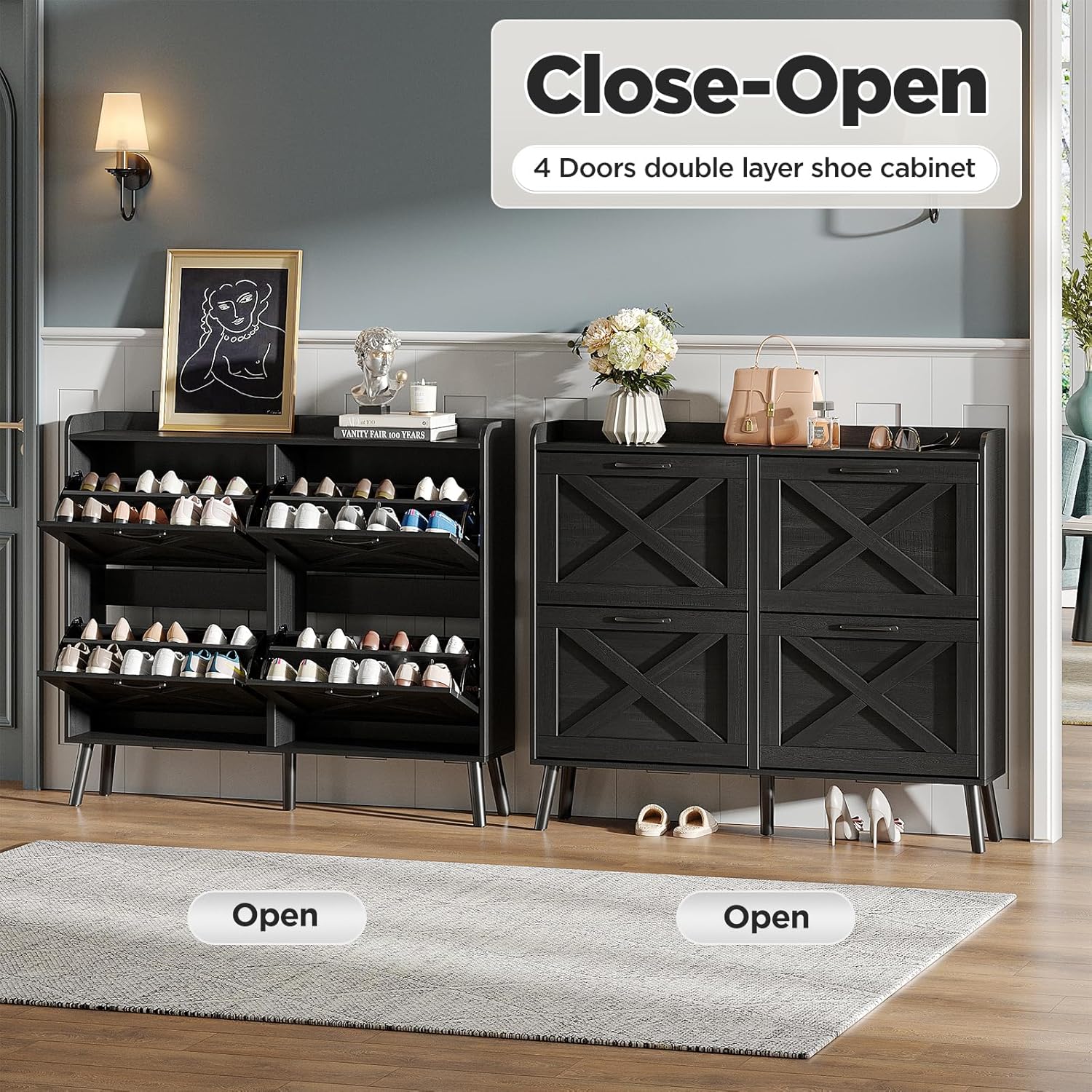 Diagram illustrating the anti-tipping device installation, showing how to secure the cabinet to the wall for safety.