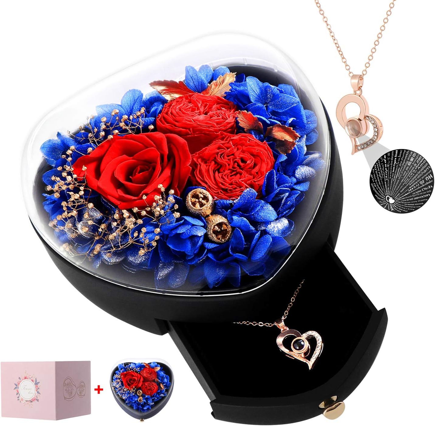 Real Preserved Rose, with Love You Gold Plated Necklace in 100 Languages, Heart-Shaped Gift Box, Enchanted Forever Rose Flower for Valentine's Day, Anniversary Wedding Birthday Romantic, Gifts for her