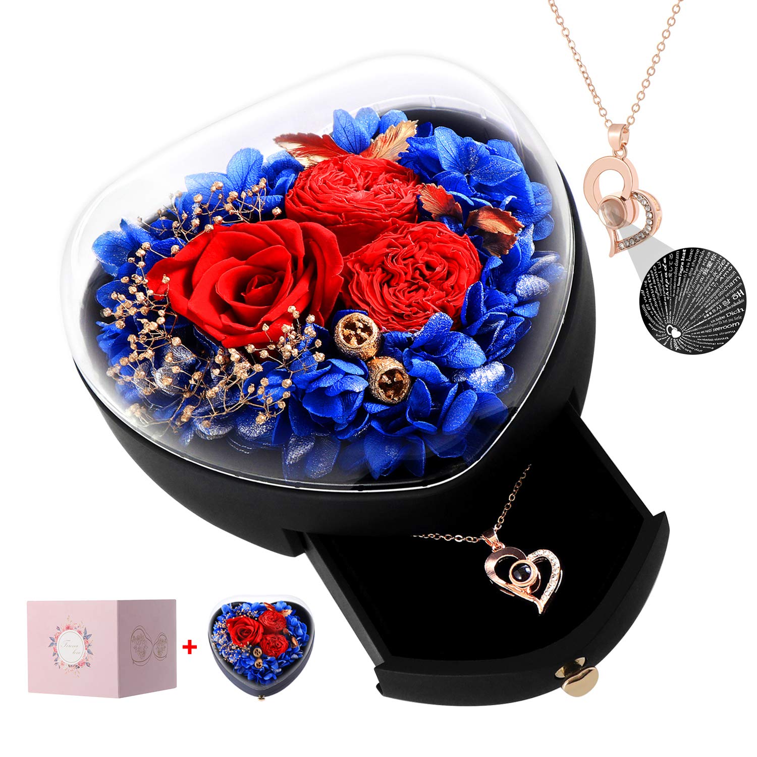 Real Preserved Rose, with Love You Gold Plated Necklace in 100 Languages, Heart-Shaped Gift Box, Enchanted Forever Rose Flower for Valentine's Day, Anniversary Wedding Birthday Romantic, Gifts for her