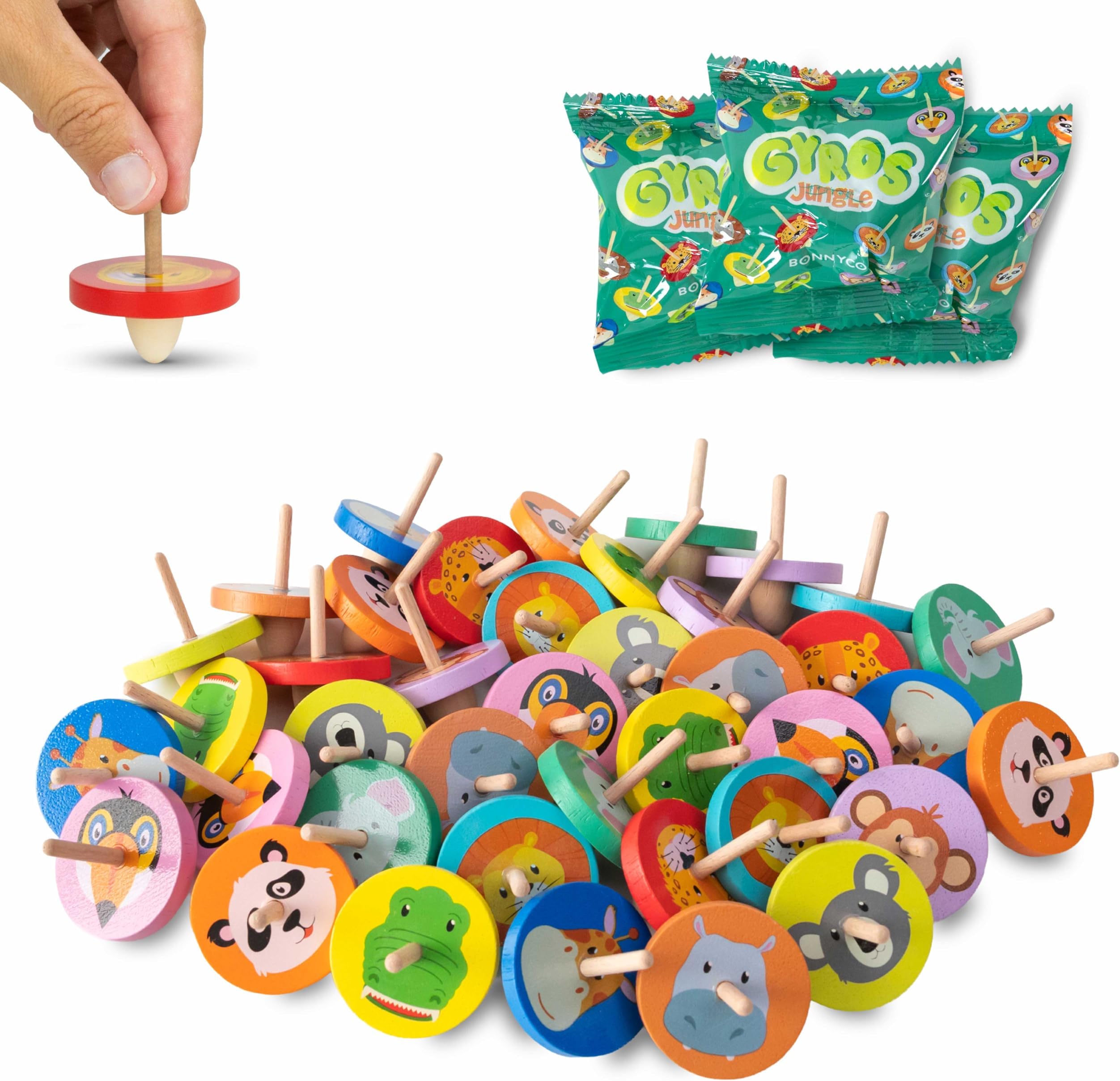 Wood Spinning Top 40 Pack Jungle Kids Party Favors. Spinning Tops Goodie Bags Stuffers for Kids 3-5 4-8, Return Gifts for Birthday Party. Goody Bag Stuffers, Pinata, Classroom Prizes, Rewards