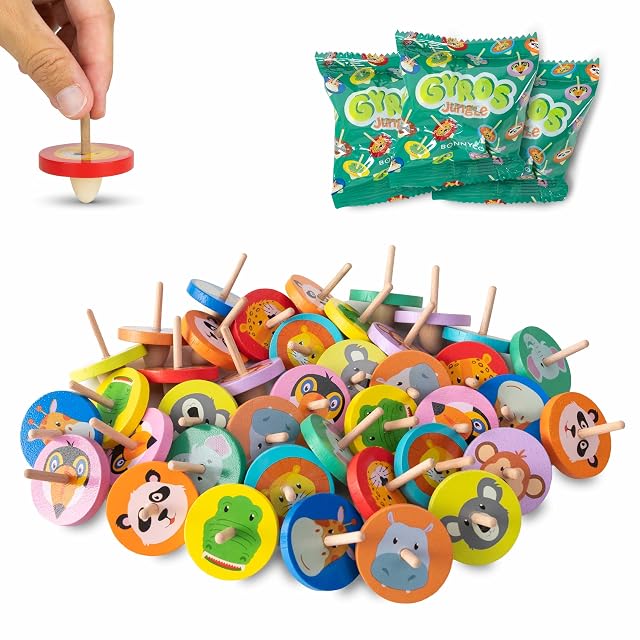 BONNYCO Peonza Madera de Animales, Pack 40 Regalos Cumpleaños Niños Colegio