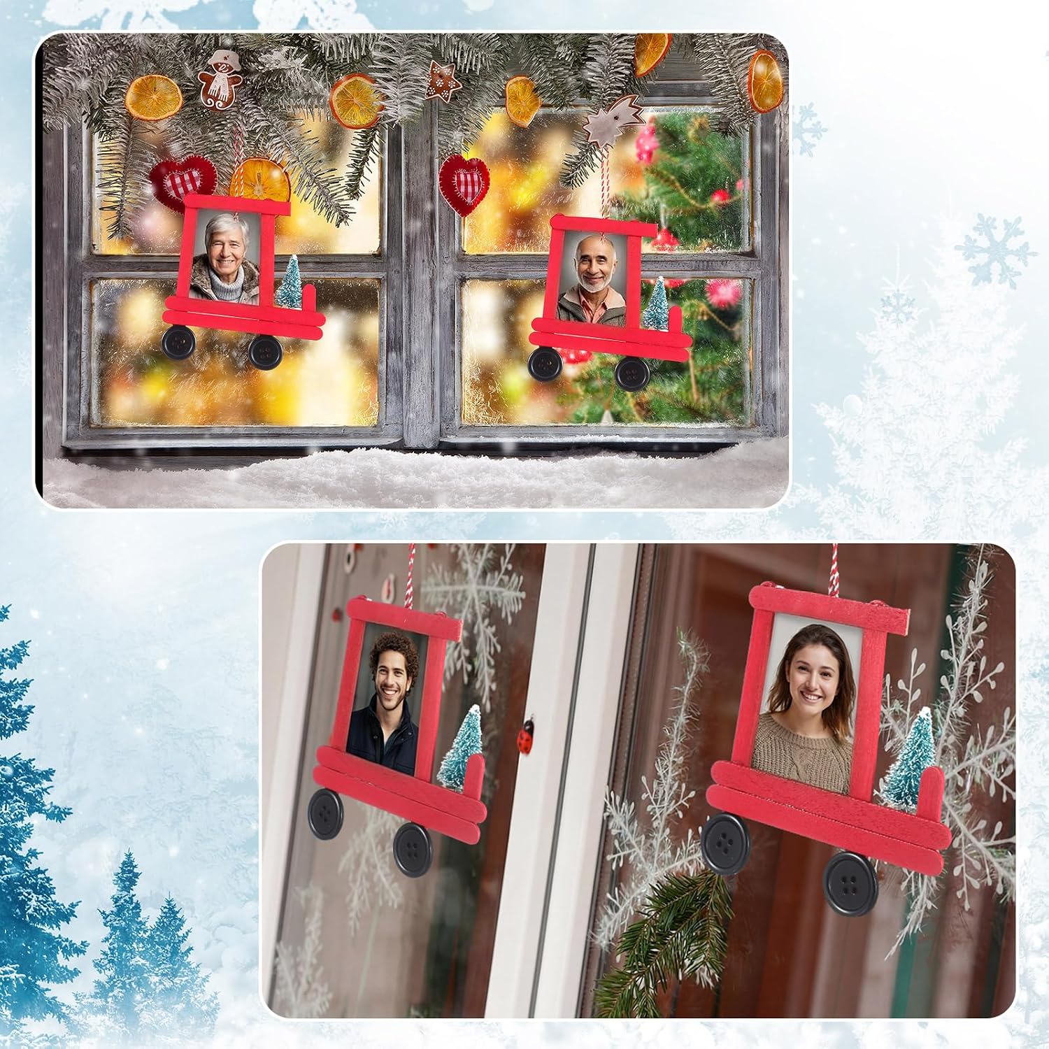 JolliLudo 12 Sets DIY Christmas Car Picture Frame Craft Kits Car Hanging Wood Stick Photo Frame Ornaments 50 Wood Sticks 12 Mini Trees 24 Black Buttons 1 Rope for Xmas Winter Gifts Home Decor