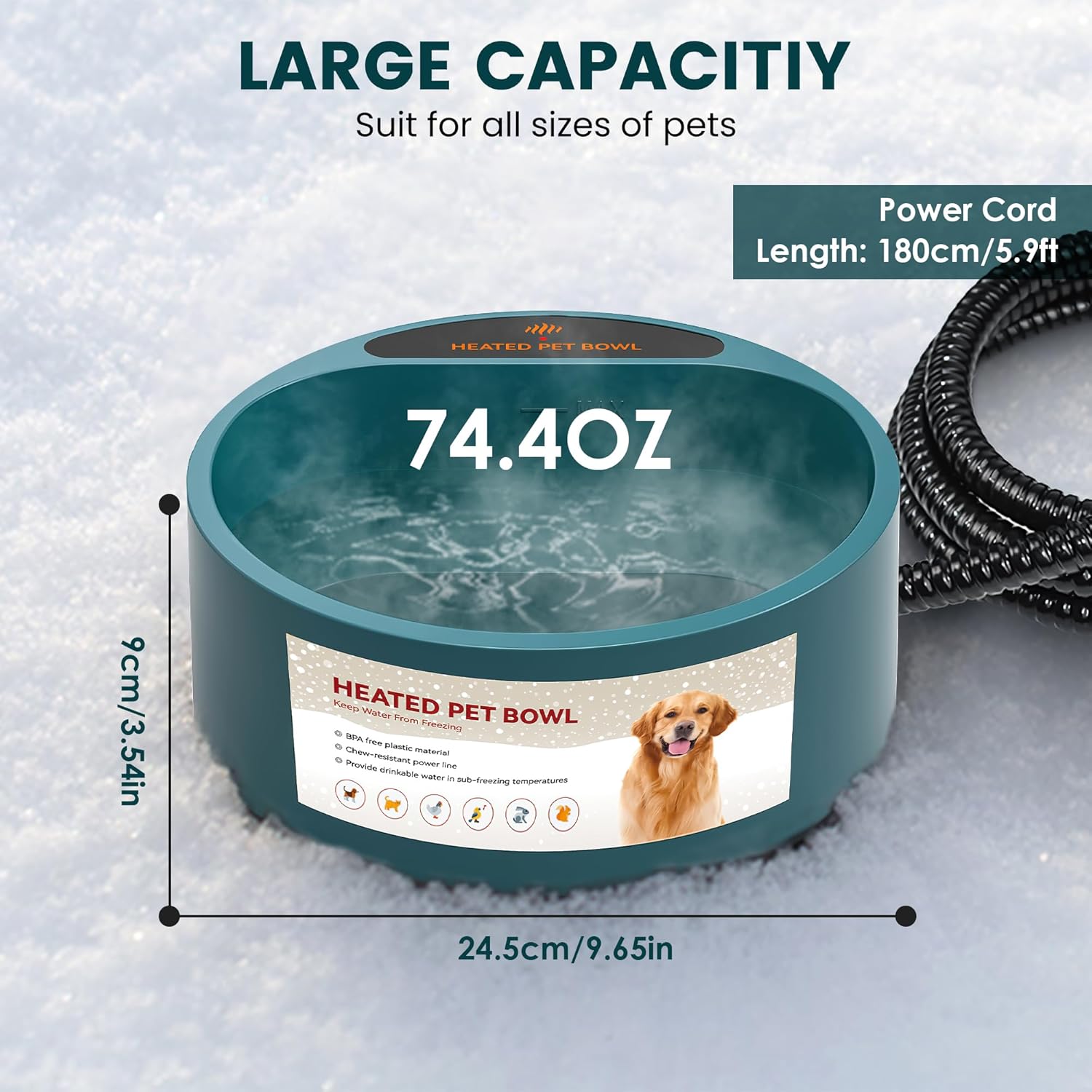 Heated Water Bowl, 2.2L Outdoor Thermostatic Control Heated Dog Pet Bowl, Provides Warm Drinkable Water in Winter for Dogs Cats Rabbits Chickens Birds