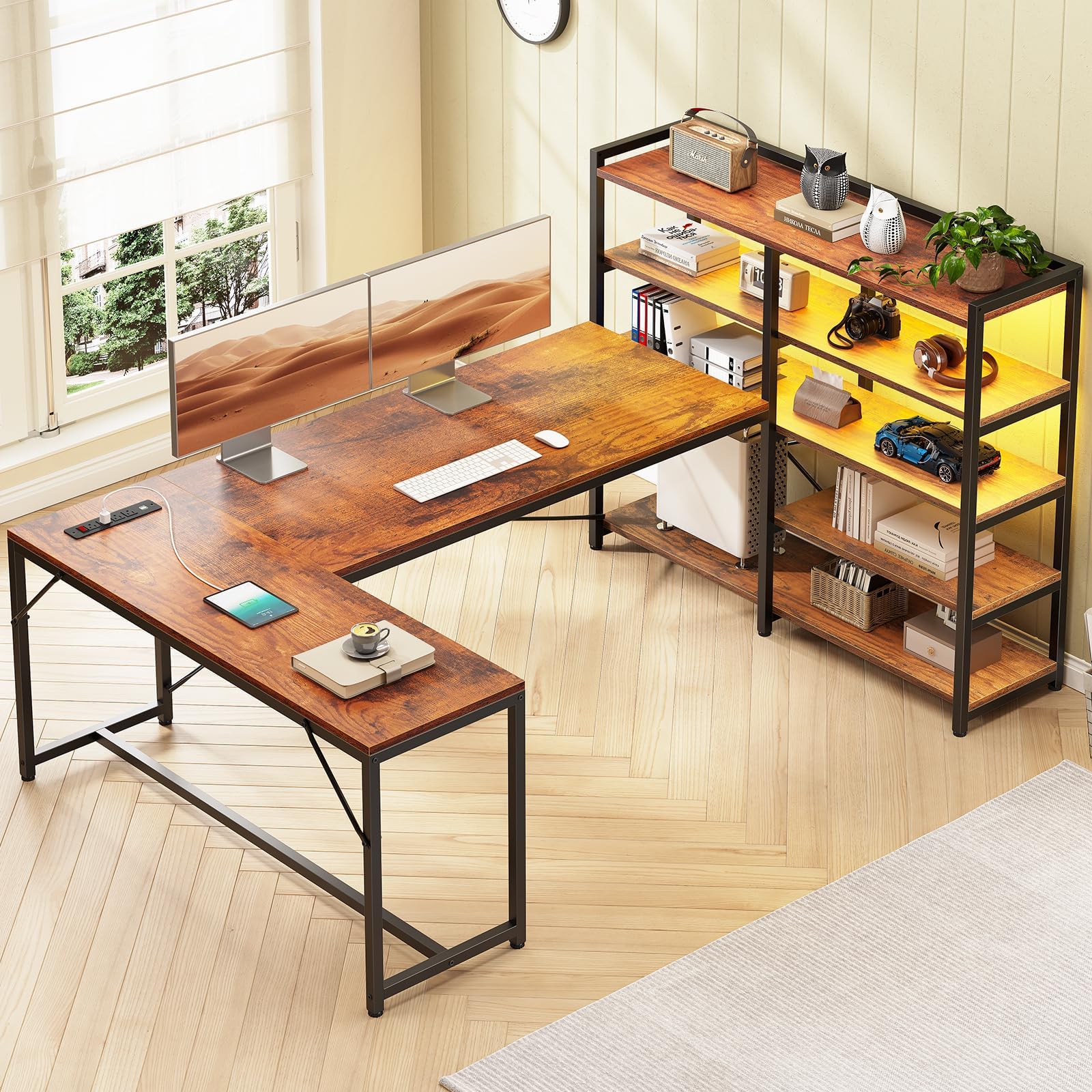 SEDETA L Shaped Desk with Storage Shelves, 64.5” Reversible U Shaped Office Desk, Corner Computer Desk with Power Outlet and Bookshelf and LED Lights for Home Office, Retro Brown