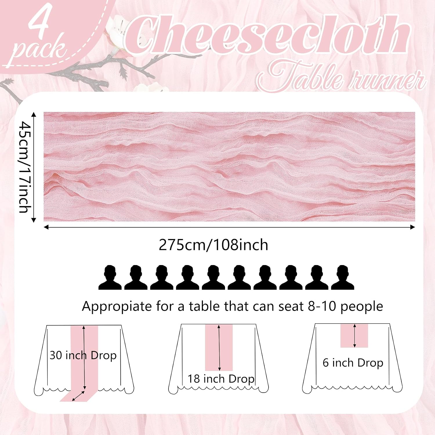 4 Pack Pink Cheesecloth Table Runner 17x108 Inch Boho Gauze Cheese Cloth Table Runners Romantic Rustic Semi Sheer Table Decor for Wedding Baby Shower Birthday