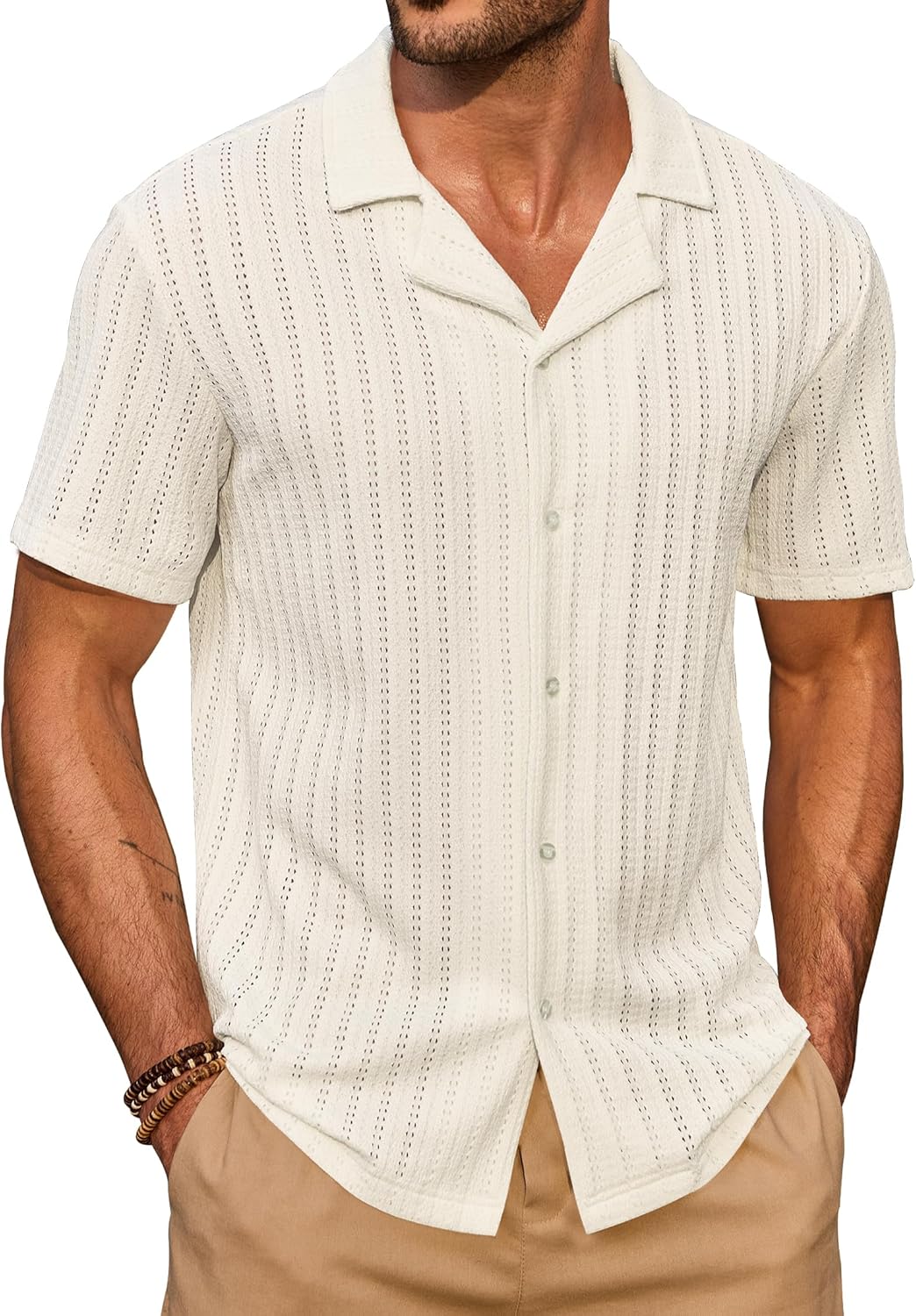 Men Knit Button Down Shirts Textured Summer Beach Casual Hollow Out Cuban Top (S-XXL)
