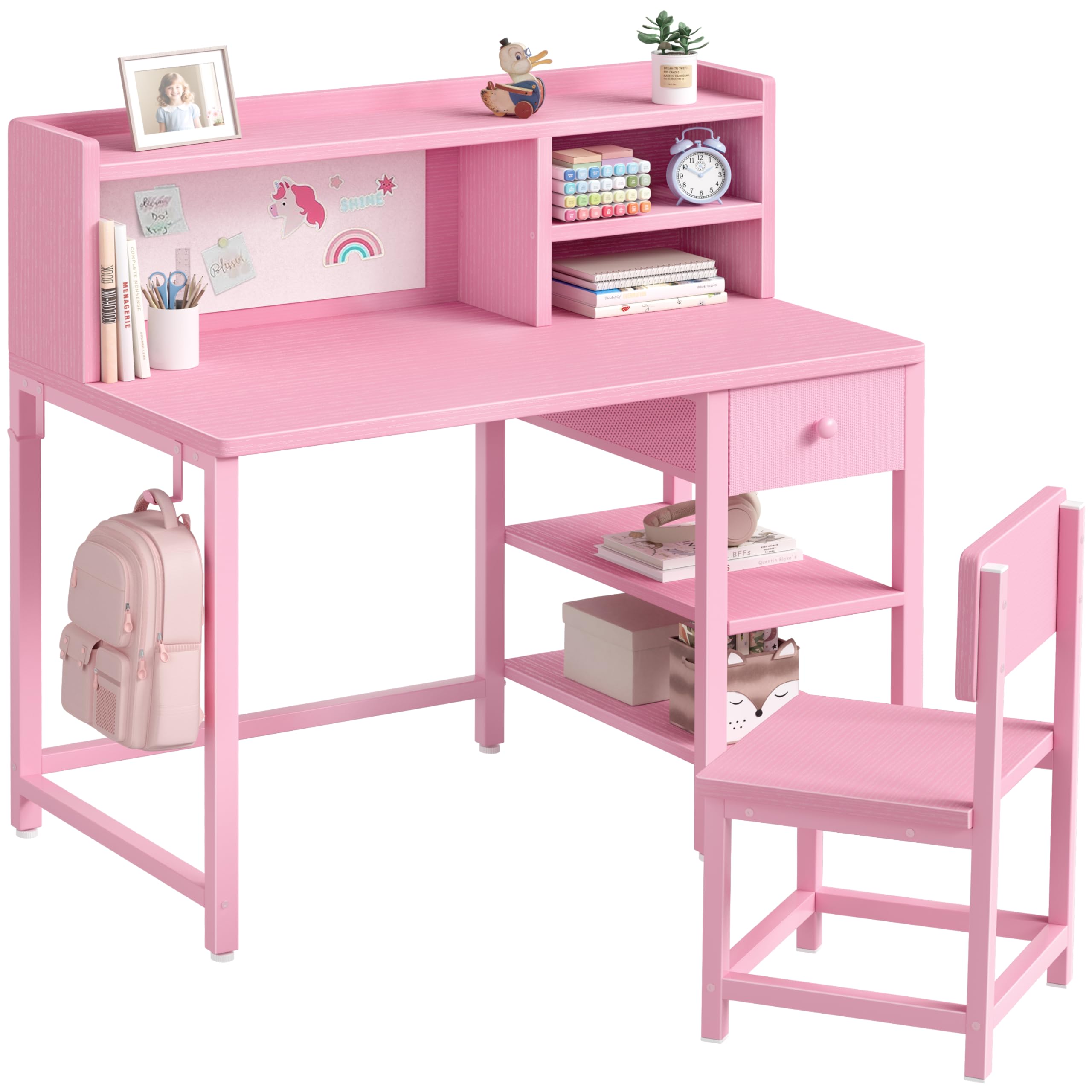 Photo 1 of ****MISSING PIECES***BOLUO Pink Kids Desk and Chair Set for 6-12 Year Old, Children Study Desk with Hutch and Storage Shelf, Student Writing Table with Fabric Drawer for Girls Boys