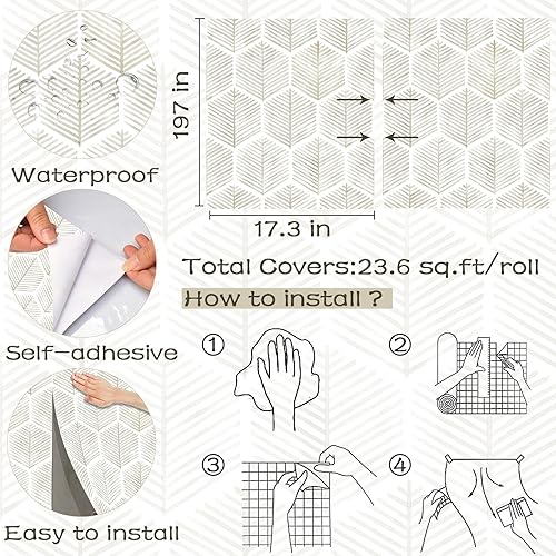 Vista 17 de Papel tapiz moderno autoadhesivo de 17.3 x 393 pulgadas, papel de contacto bohemio, papel de contacto geométrico beige y blanco, papel tapiz