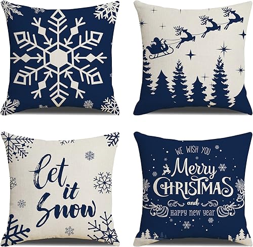 Juego de 4 fundas de almohada de Navidad de 18 x 18 pulgadas fundas de almohada decorativas de casa de campo Merry Christmas Let it Snow Christmas