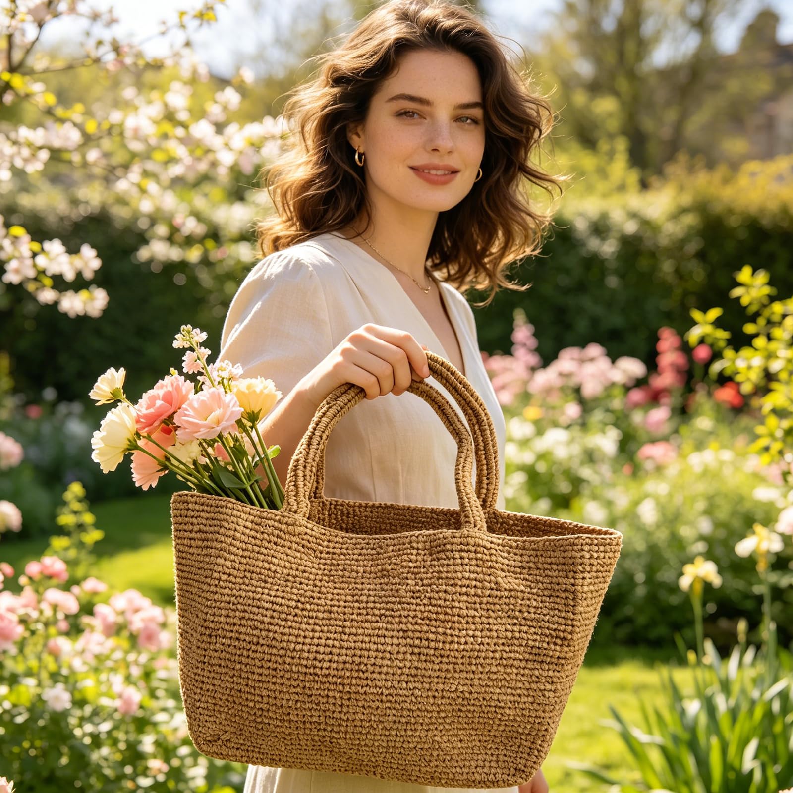 Borsa da spiaggia intrecciata in rafia per donna | Borsa tote all'uncinetto versatile, fatta a mano, adatta a viaggi, lavoro e mercato, presa comoda