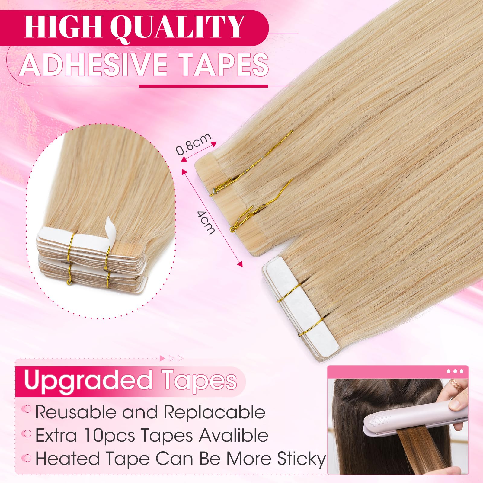 MY-LADY 20pcs Invisible Seamless Tape in Hair Extensions Human Hair - Remy Straight Real Hair #24 Natural Blonde - 18 Inch 50g - Image 3