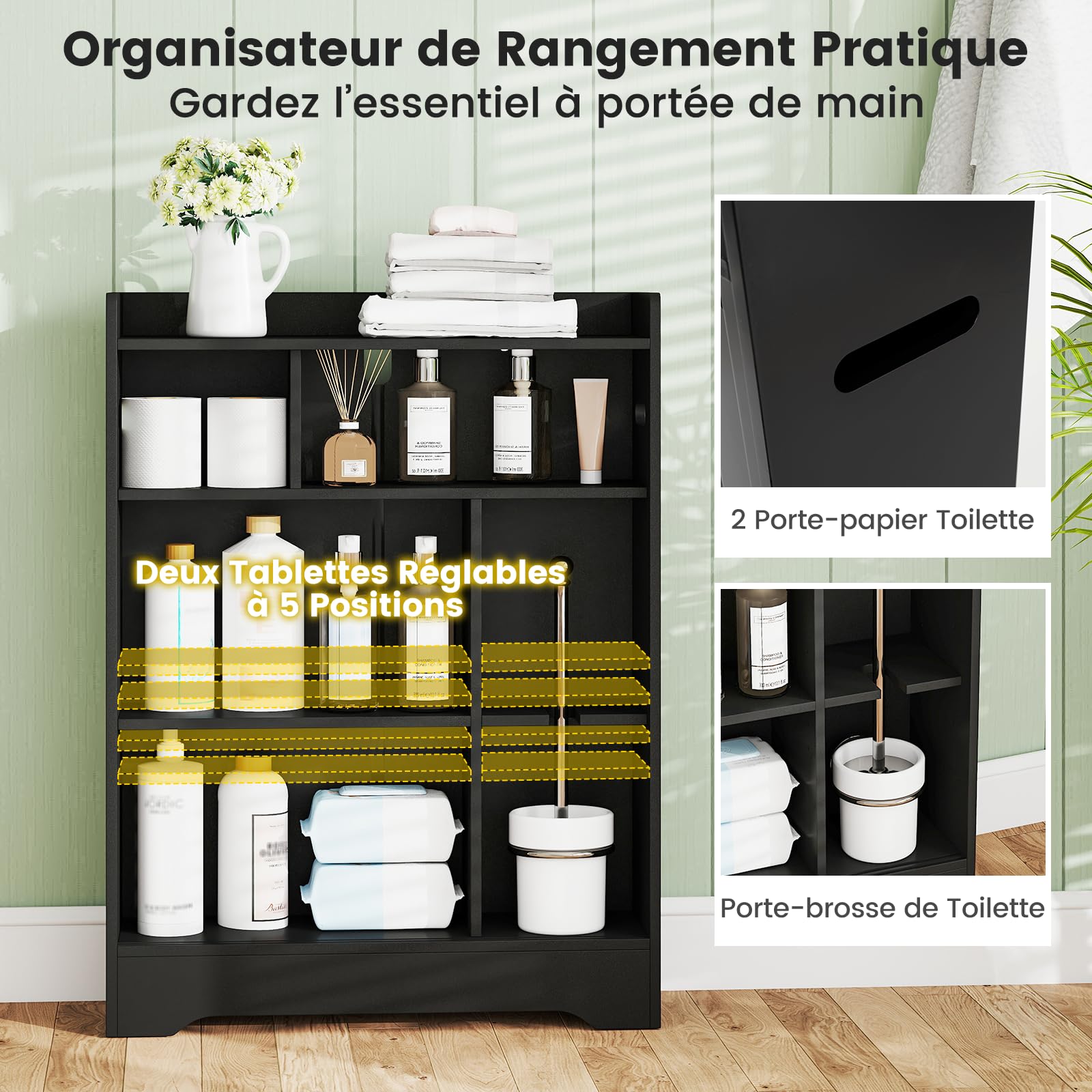 COSTWAY Meuble Salle de Bain, Armoire de Rangement avec 2 Porte-Papier Toilette, Portes Coulissantes, pour Brosse WC, Étagères Réglables, Placard, pour Petits Espaces, 20 x 60 x 80 cm (Noir)