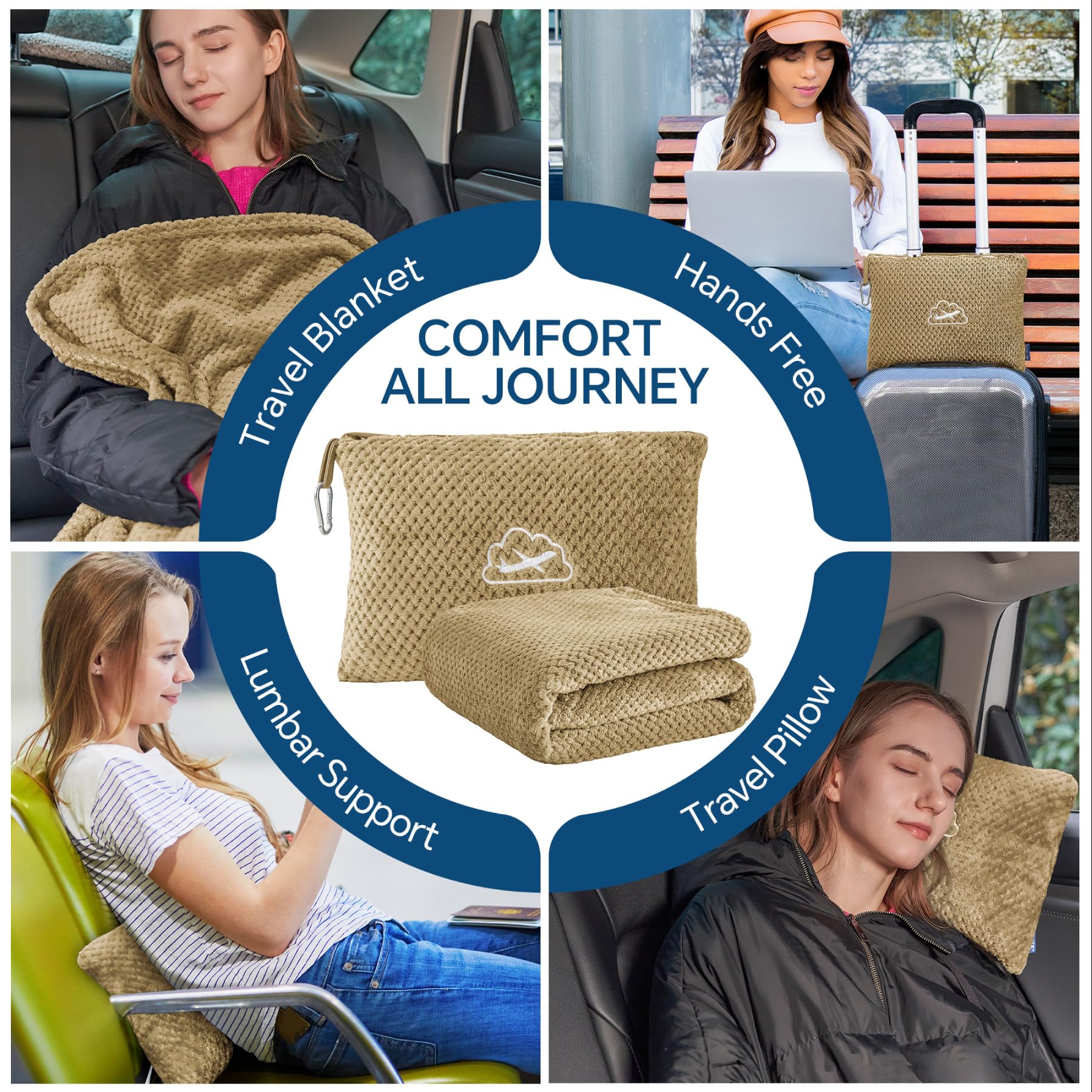 BEDELITE Travel Blanket with Bag, Jacquard Fleece Blanket 65"x40", Camel view 4