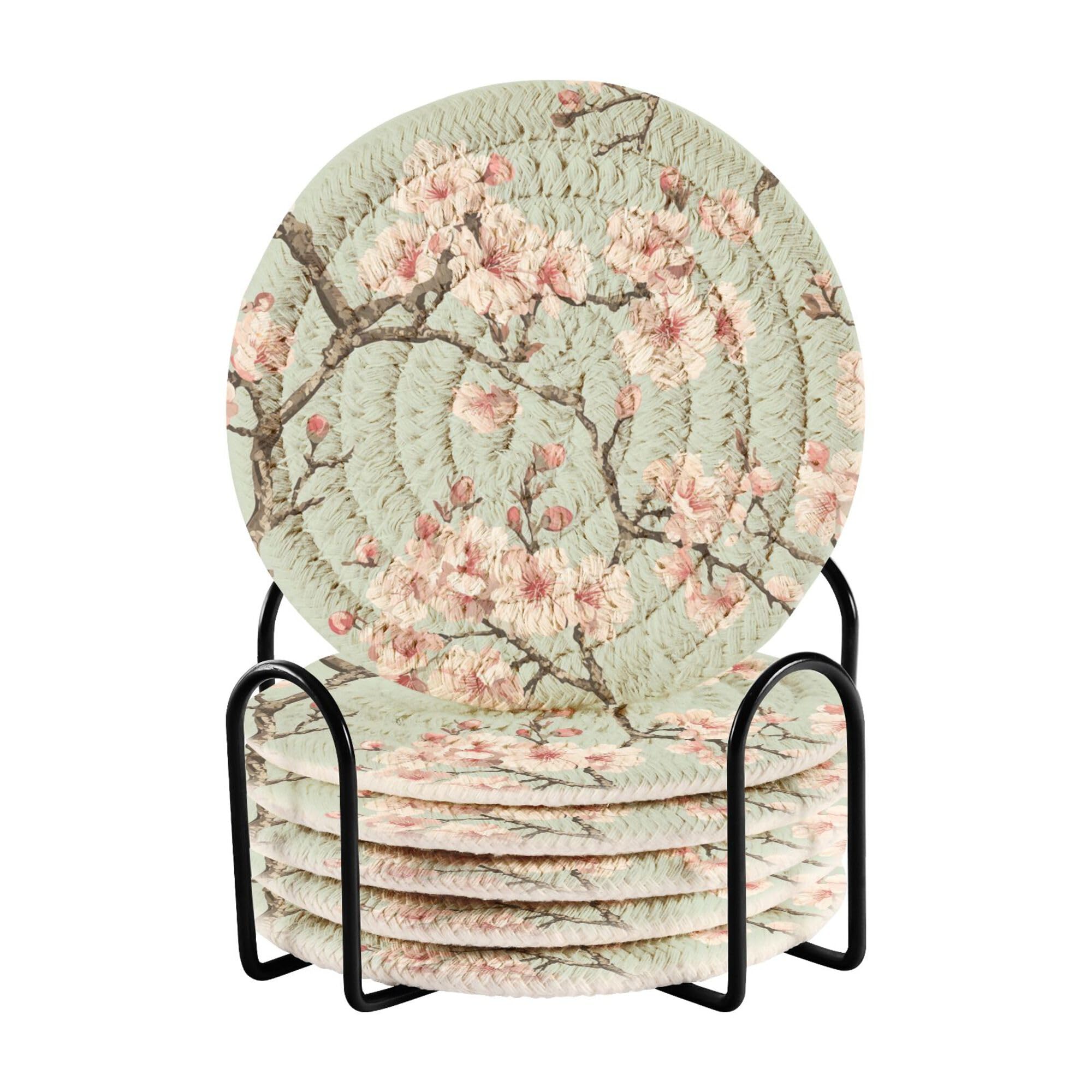 Smazdfxx Women's As Pic Vintage Cherry Blossom Sage Green Cotton Rope Drink Coasters Absorbent And Holder Set Of 6 Aesthetic Coasters