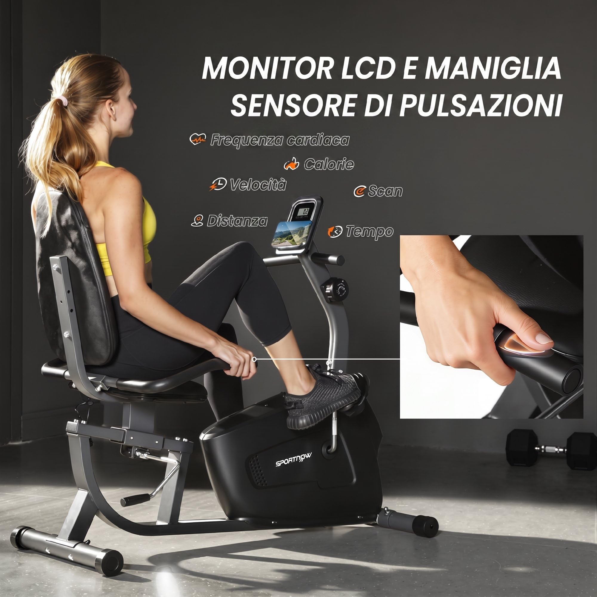 SPORTNOW Cyclette da Casa Orizzontale con Seduta Regolabile per Anziani | 8 Livelli di Resistenza Magnetica, Cyclette Recumbent, Schermo LCD, Sensore di Frequenza Cardiaca, Ruote