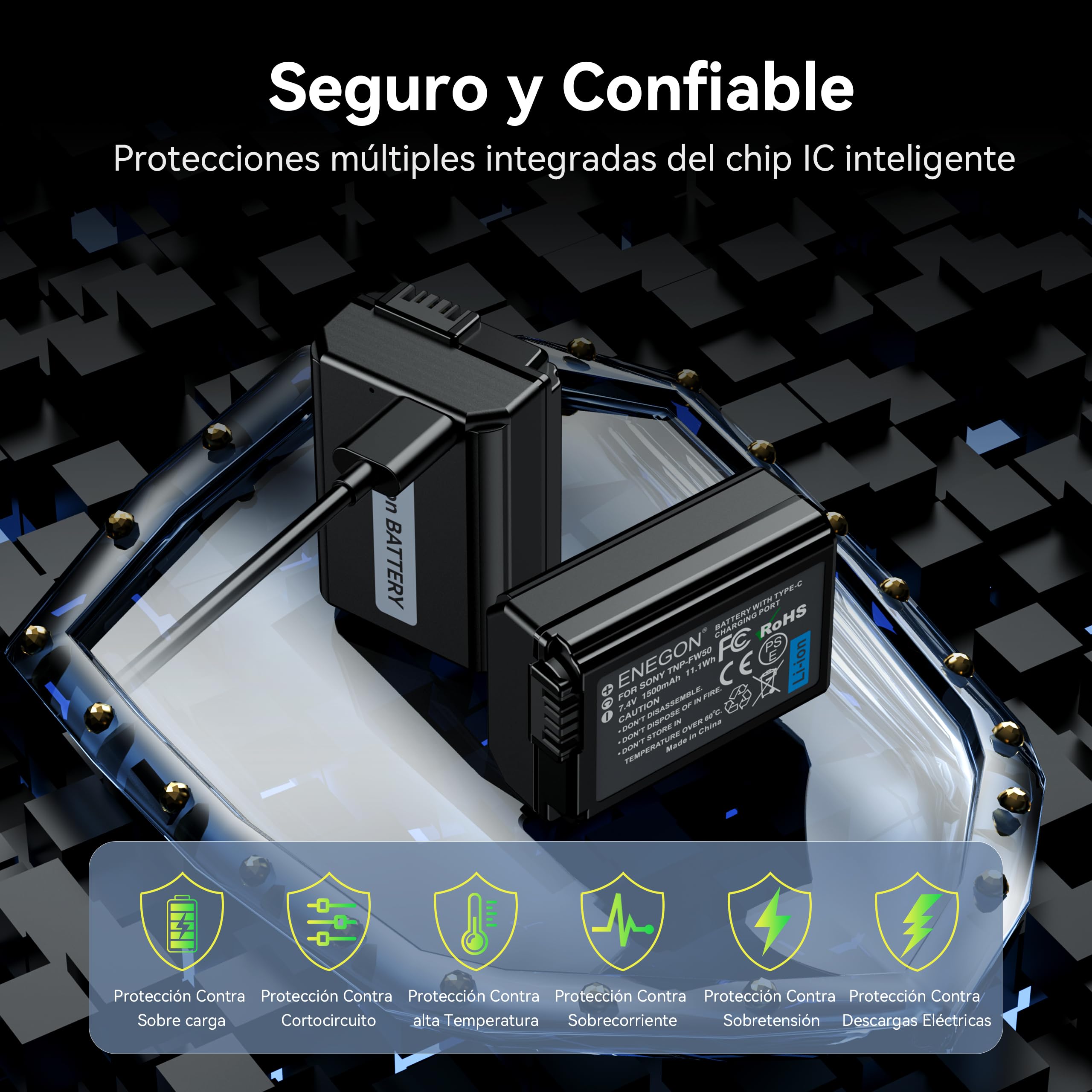 ENEGON NP-FW50 Tipo C Puerto de Carga Baterías (2x1500mAh) para Sony ZV-E10, A6000, A6500, A6300, A6400, A7, A7II, A7RII, A7SII, A7S, A7S2, A7R, A7R2, A55, A5100, A5000, A3000, A55, RX10