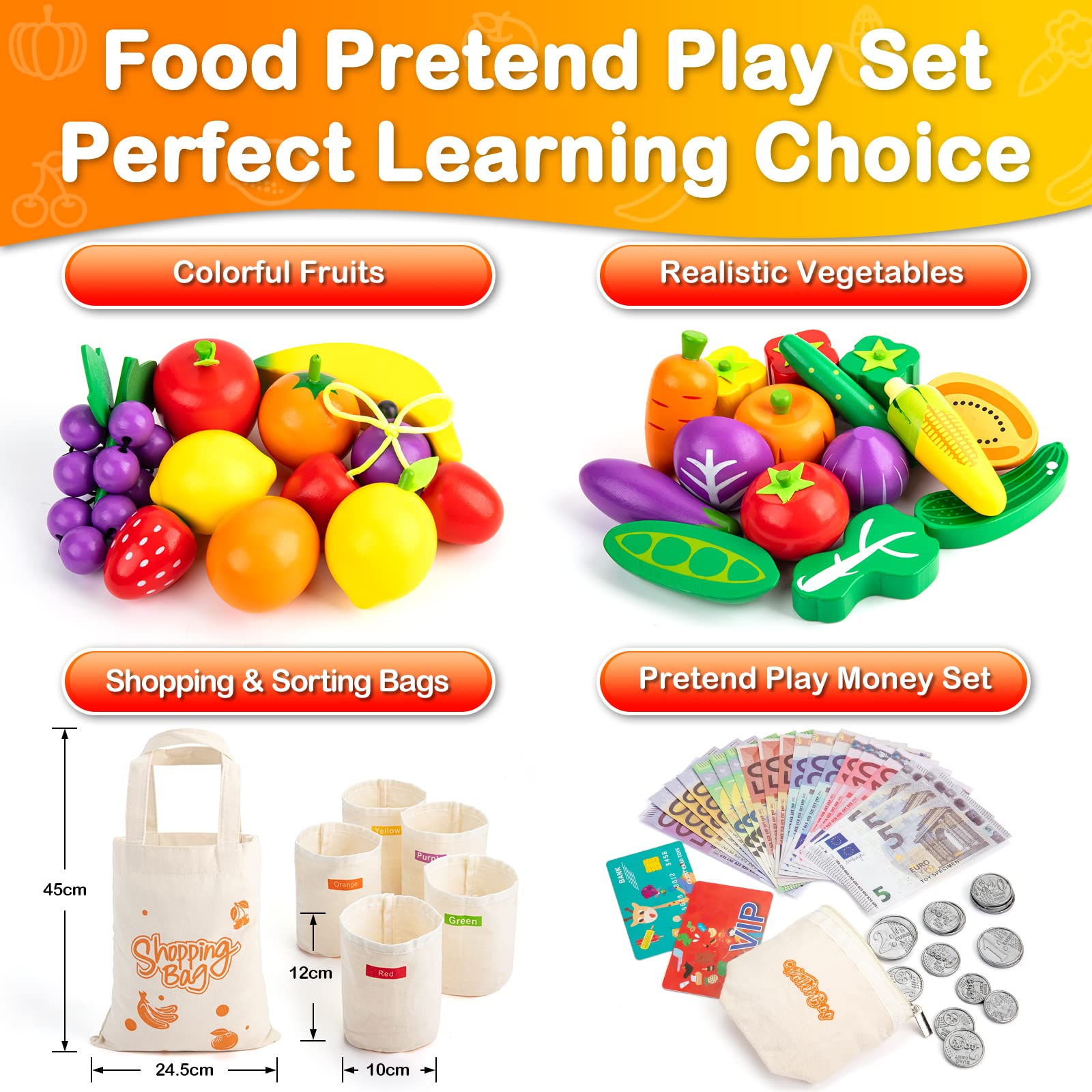 SEMKOTREE Cucina Bambini, Cibo Giocattolo per Bambini Giochi Montessori in Legno Negozio Bambini Legno con Soldi Finti, Giochi di Ruolo Ragazzo e Ragazza Giochi Educativi 3+ Anni