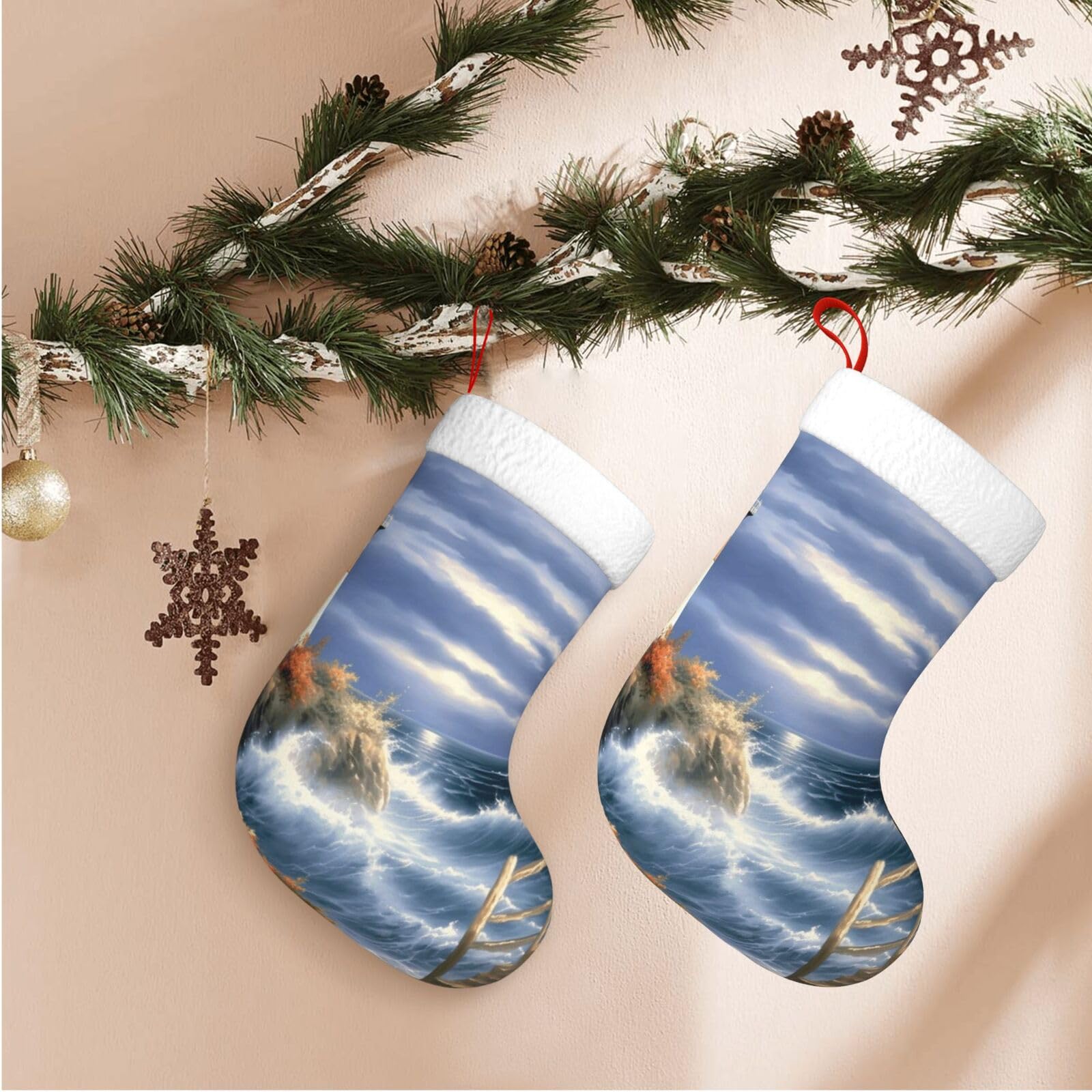 Lighthouse Diamond Painting Christmas Stockings Velvet Xmas Fireplace Hanging Stocking with Plush Cuff Rustic Christmas Santa Stockings for Home Christmas Decorations Party Favor Supplies