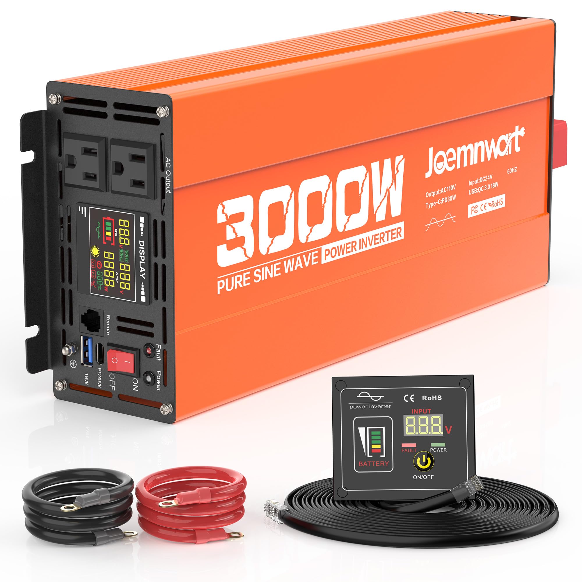 Joemnwart 3000W Pure Sine Wave Power Inverter 24V DC to 110V AC Converter, LED Display,Remote Control, Car Inverter with 2AC Outlets,Fast Charging USB Port for RV,Truck,Home