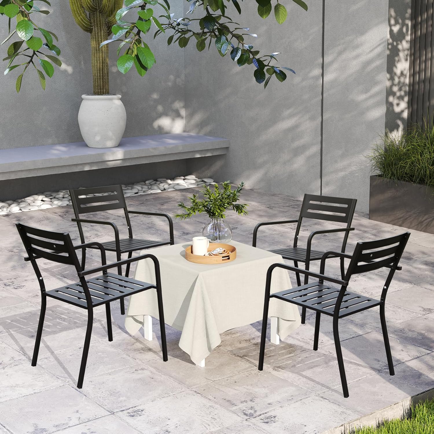 Domi 4-Pieces Patio Dining Chairs, Outdoor Heavy Duty Metal Chairs Set of 4, Stackable Garden Chairs with Ergonomic Armrest, Patio Furniture Chairs Set for Backyard Lawn Patio, Support 350LBS, Black