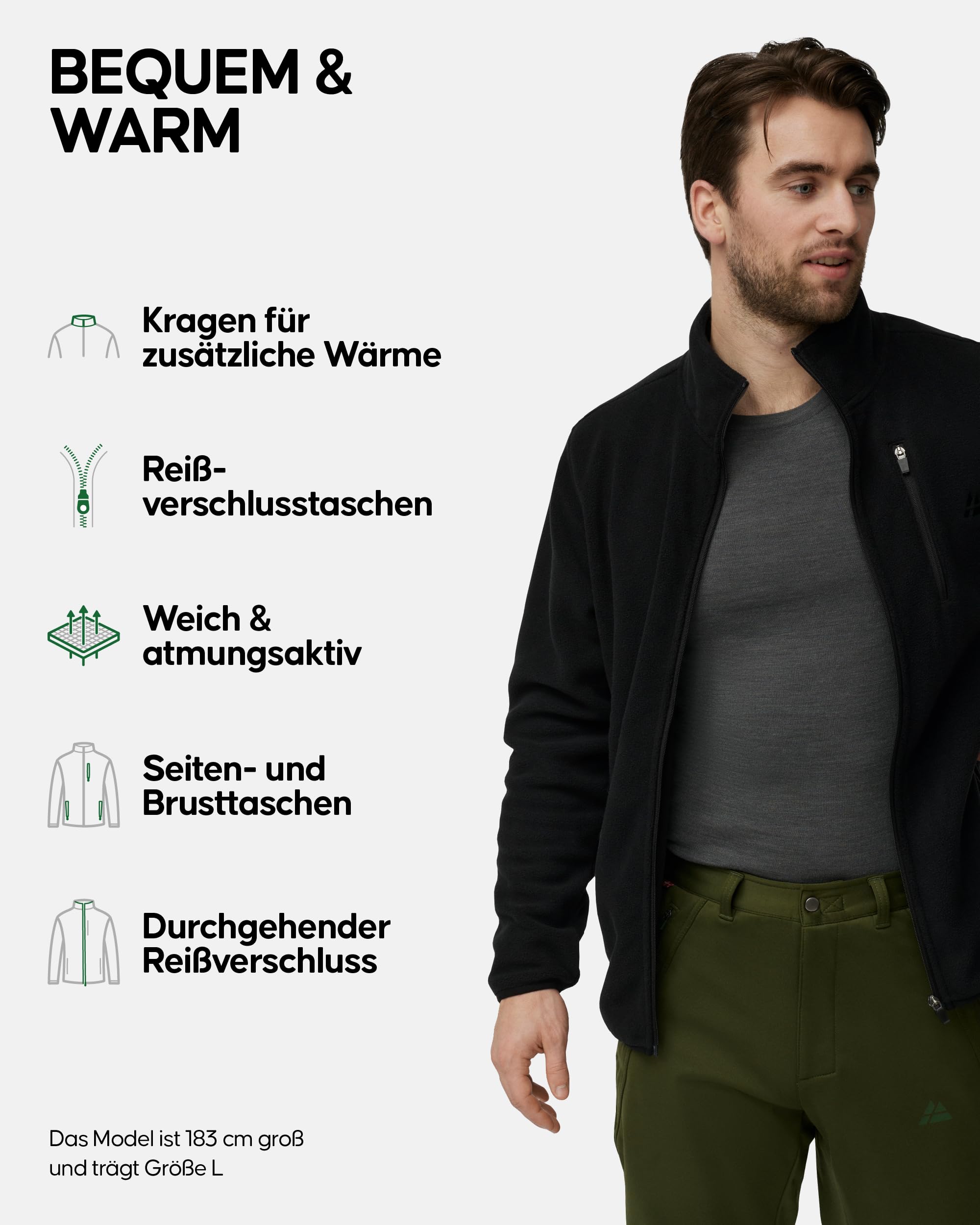 DANISH ENDURANCE Micro Fleece-Jacke Herren, Outdoorjacke mit Stehkragen & Taschen, Übergangsjacke, Full Zip, Winddicht, für Alltag, Outdoor & Wandern