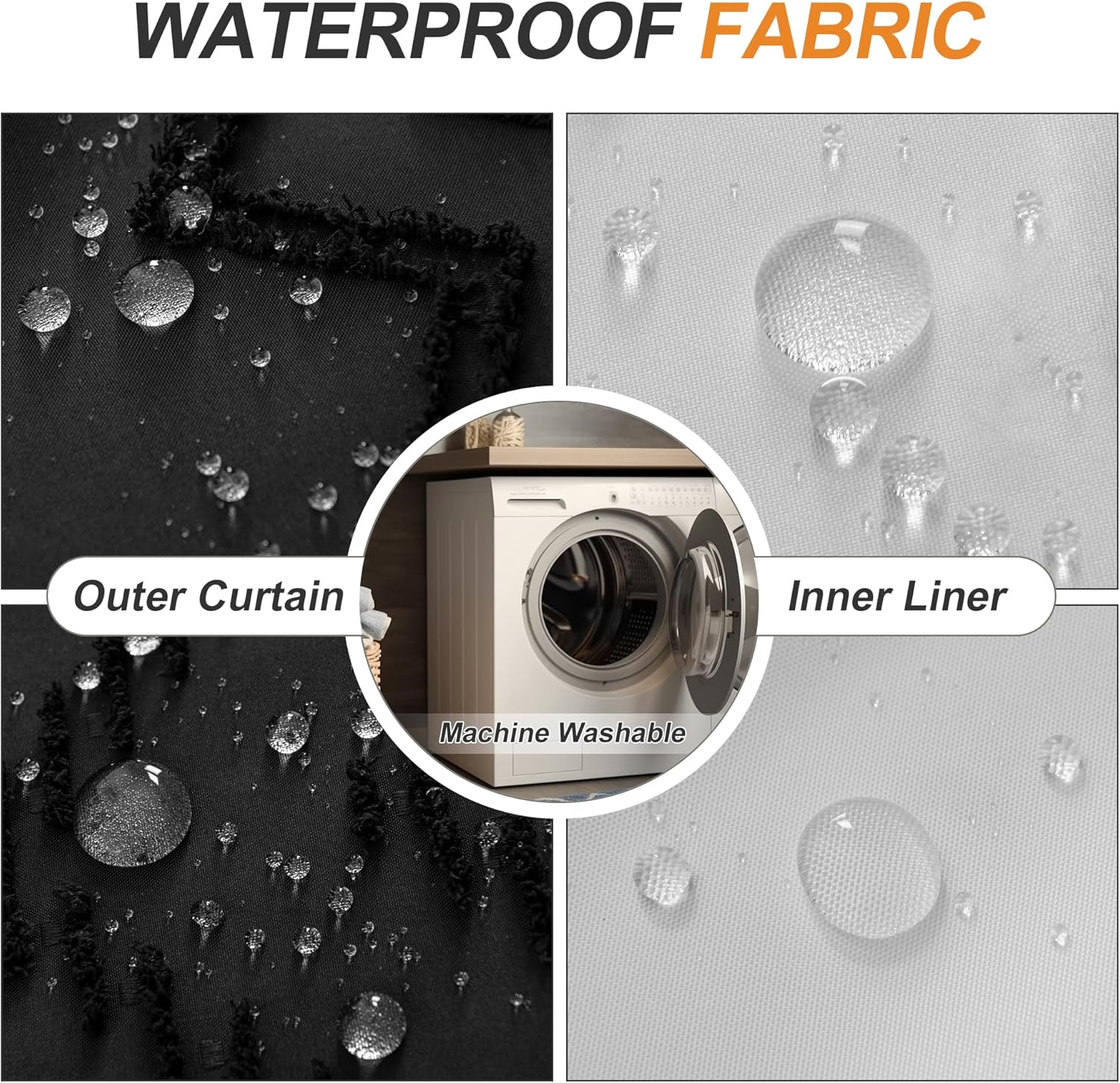 No Hooks Required Boho Farmhouse Shower Curtain Tufted Chevron Striped with Snap in Liner - 72W x 80H, Water Resistant Hotel Grade Spa Like Bathroom Curtain Set, Black