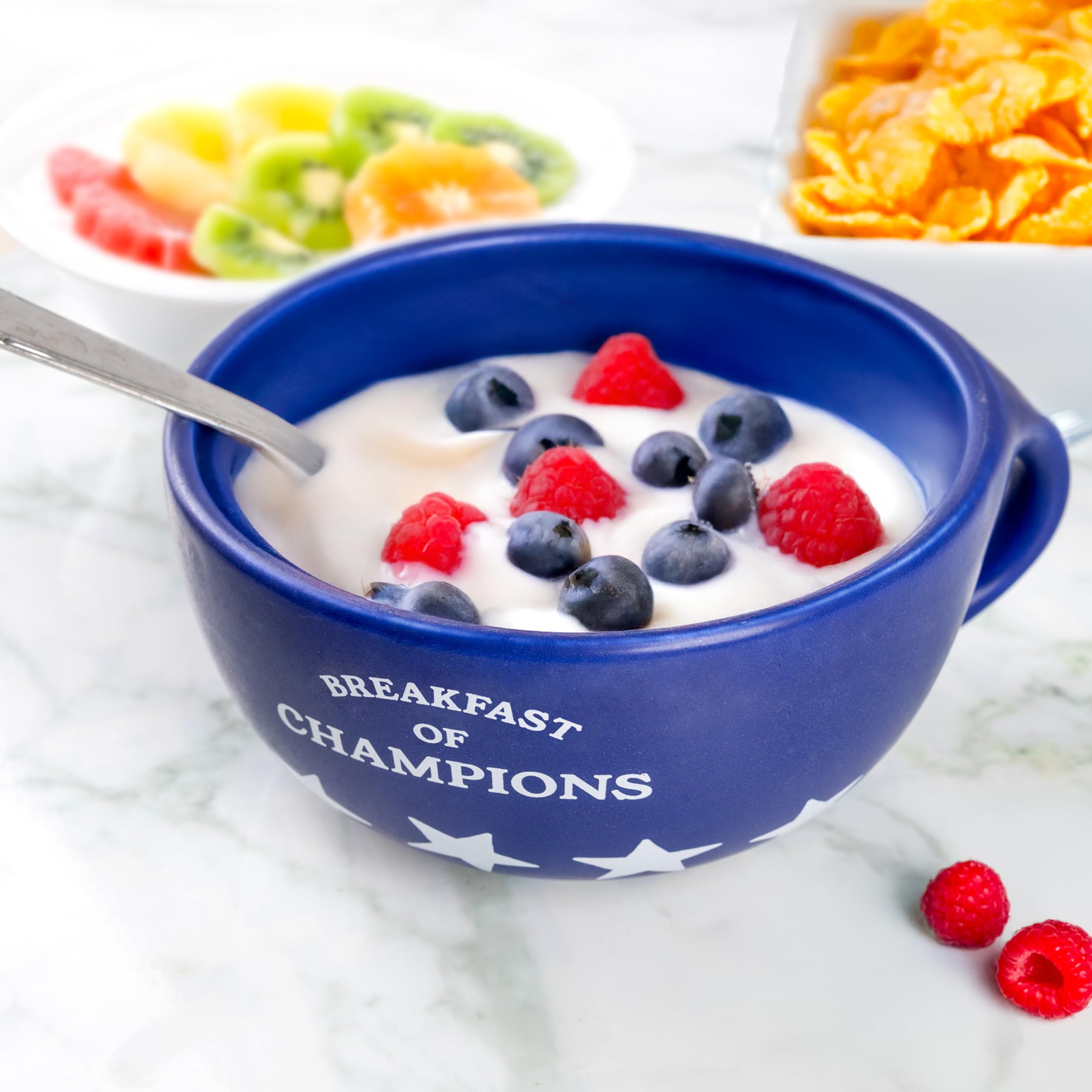 Fisura – Ciotola colazione originale "Breakfast of Champions". Tazza colazione blu 490 ml. Grande tazza in ceramica per caffè, cereali o yogurt. 16,5 cm x 7,5 cm