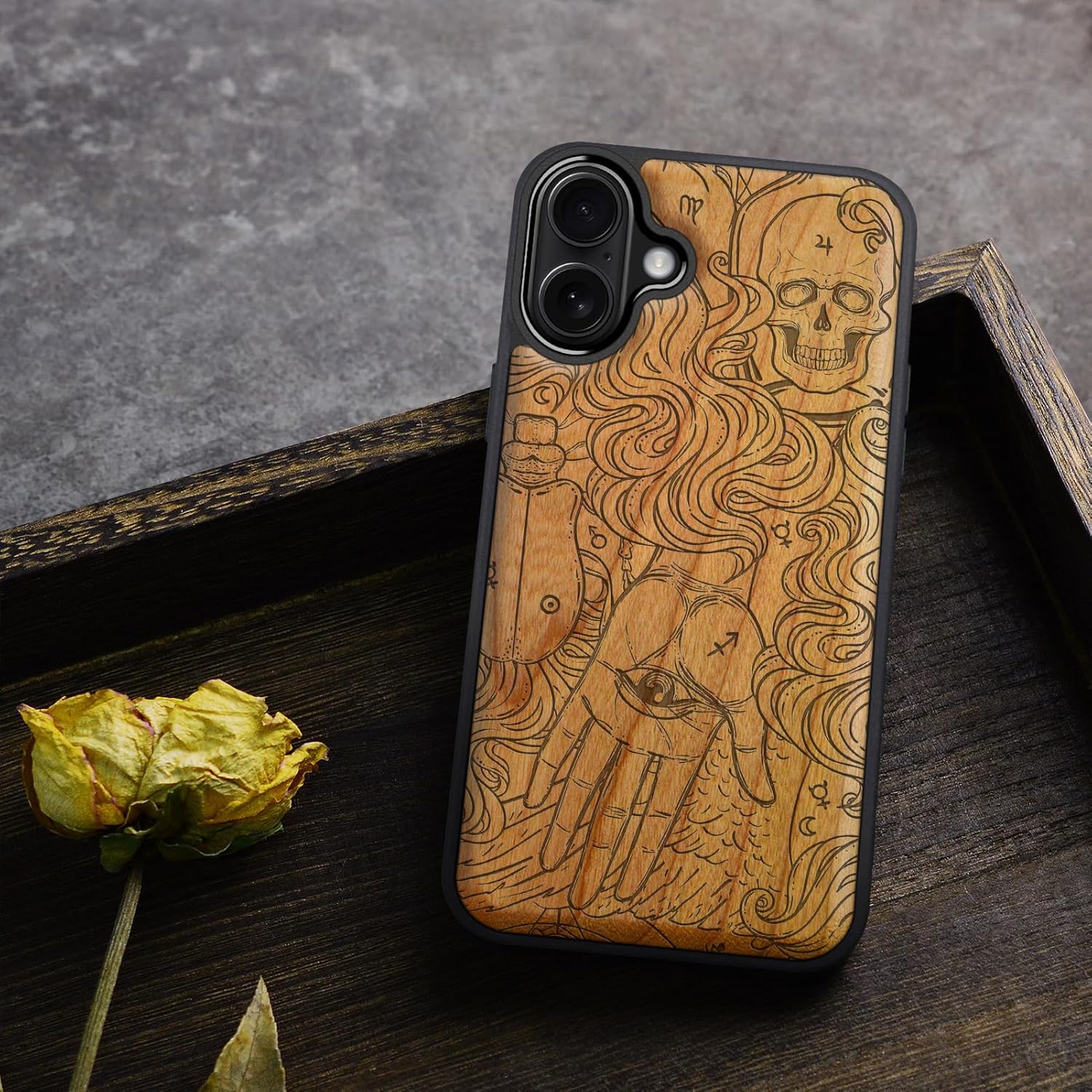 Carveit Magnetic Wooden Case for iPhone 17 Case, Wood Artisan Engraved & Black Soft TPU Shockproof Cover, Compatible with MagSafe Wireless Chargers (Handlesekunst) Cherry