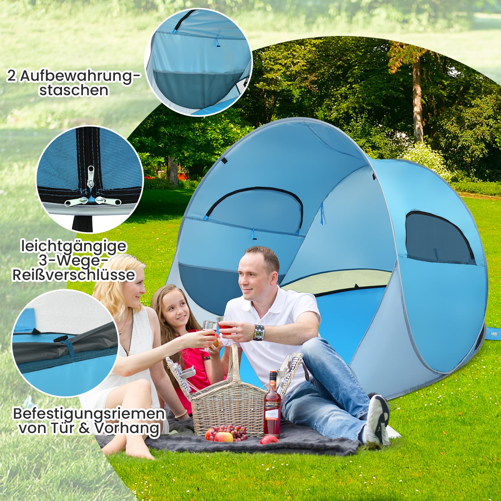 Pop-up strandschelptent voor 3-4 personen, zonwering
