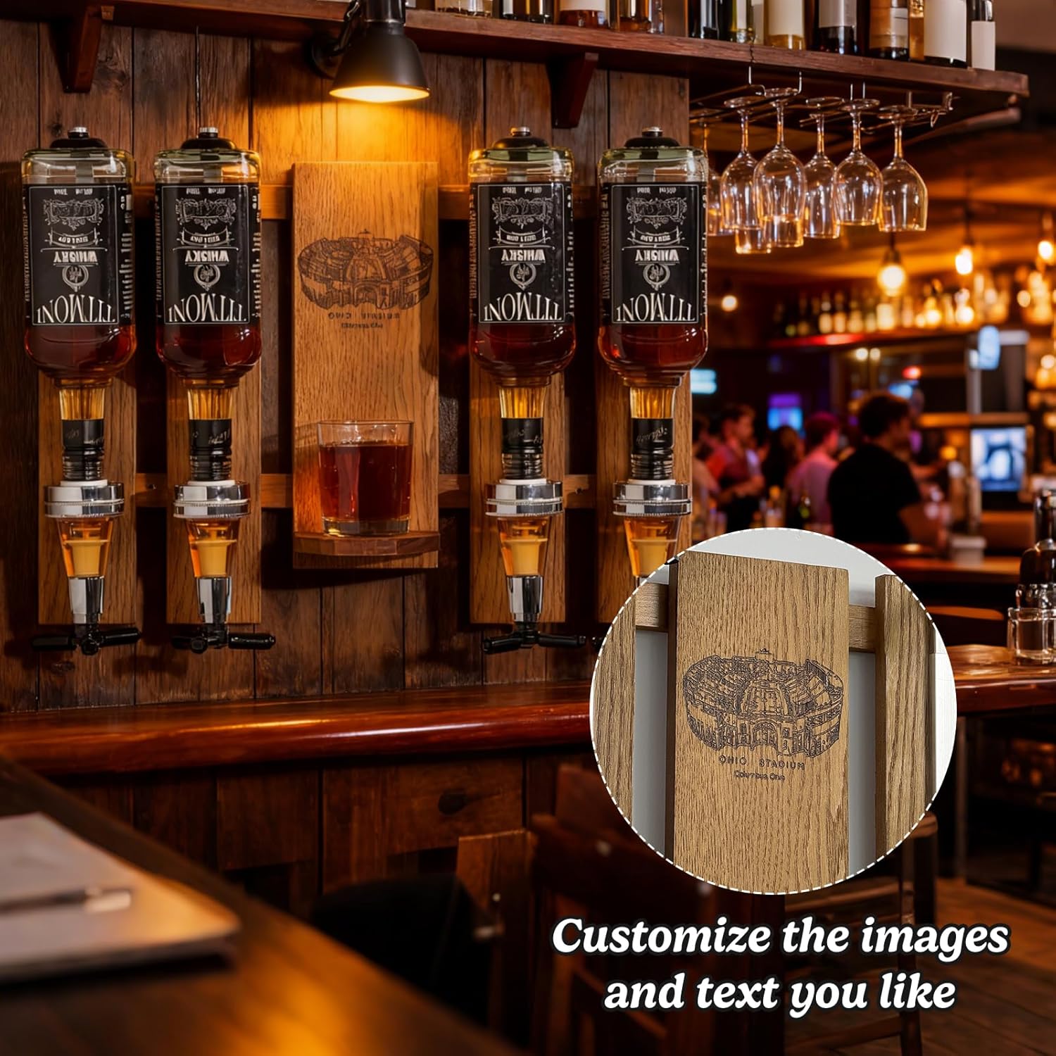 Bottle Wall Mounted Liquor Dispenser，Personalized Embossed Named Wooden Whiskey Dispenser