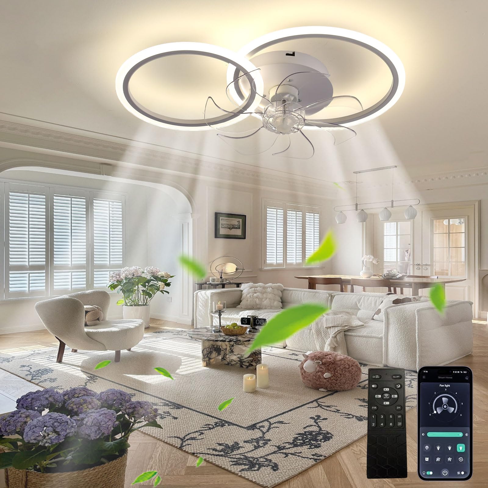 HXYSXHJUO Living Room Ceiling Fan with Light, Embedded Circle Design, 6 Speeds and 3000K-6500K, Dimmable, Modern Bedroom Reversible DC Motor, Remote Control