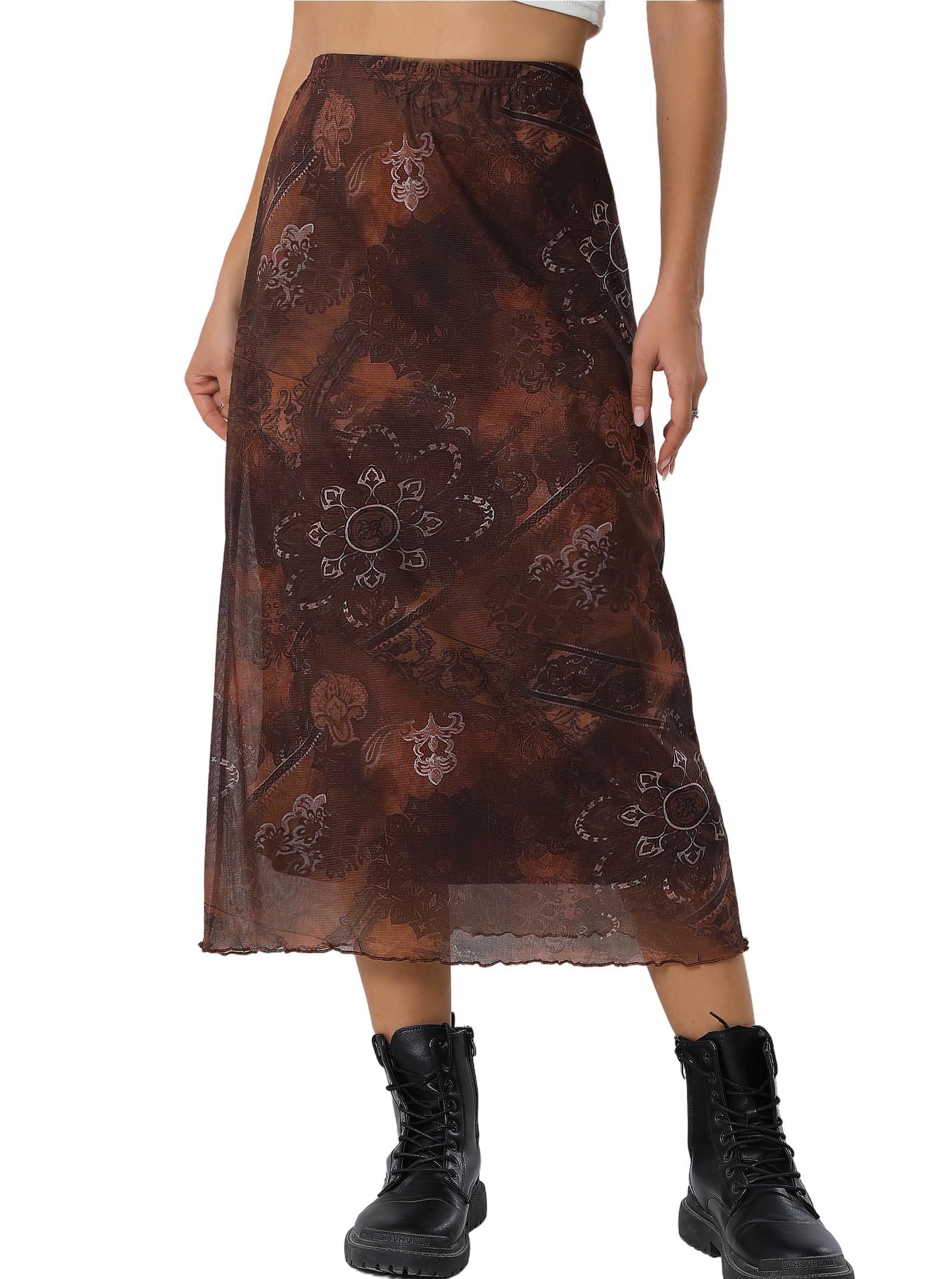 Avanova Women's Ditsy Floral Bohemian Mesh Midi A-Line Skirt, Brown, M, 95% Polyester 5% Spandex