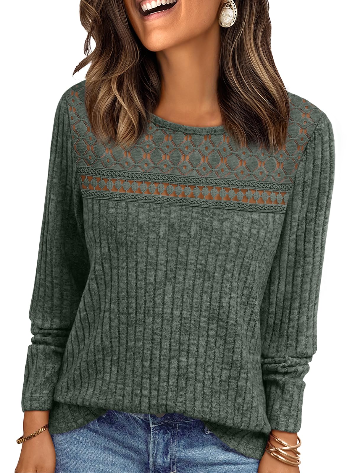 AUTOMETWomens Lace Long Sleeve Shirt Fall Top Fashion Dreesy Casual Tunic Sweaters Mesh Clothes Trendy Work Cute OutfitsOEKO-TEX STANDARD 100