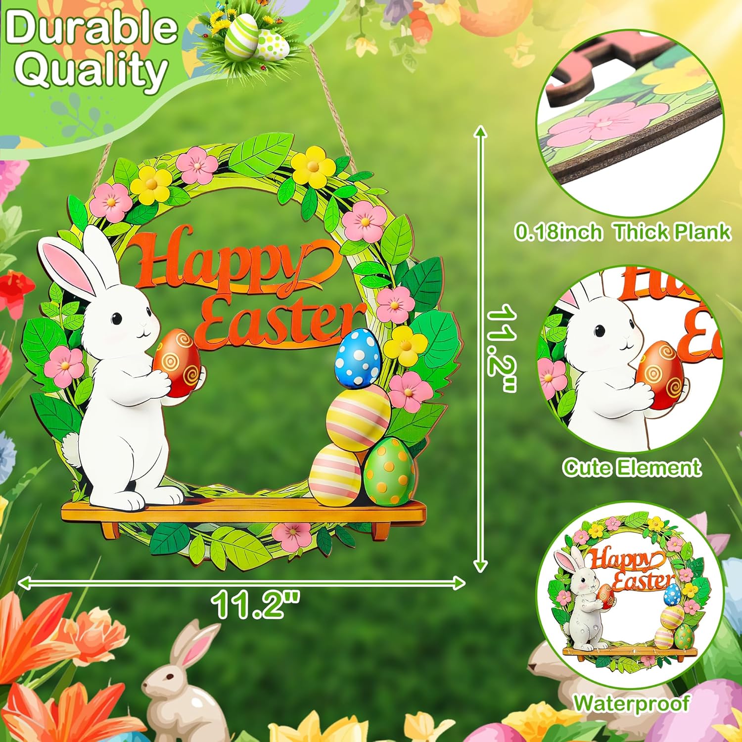 Wooden Easter Wreath Door Sign, Easter Front Door Decor with Bunny & Egg, Happy Easter Decorations for Home Indoor Outdoor Hanging Spring Easter Decor Party Supply - Image 7