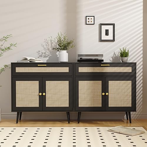 Miniatura 6 de Juego de 2 aparadores de ratán, armario de cocina bohemio con cajón y 2 puertas, gabinete moderno de mediados de siglo con estante ajustable, barra