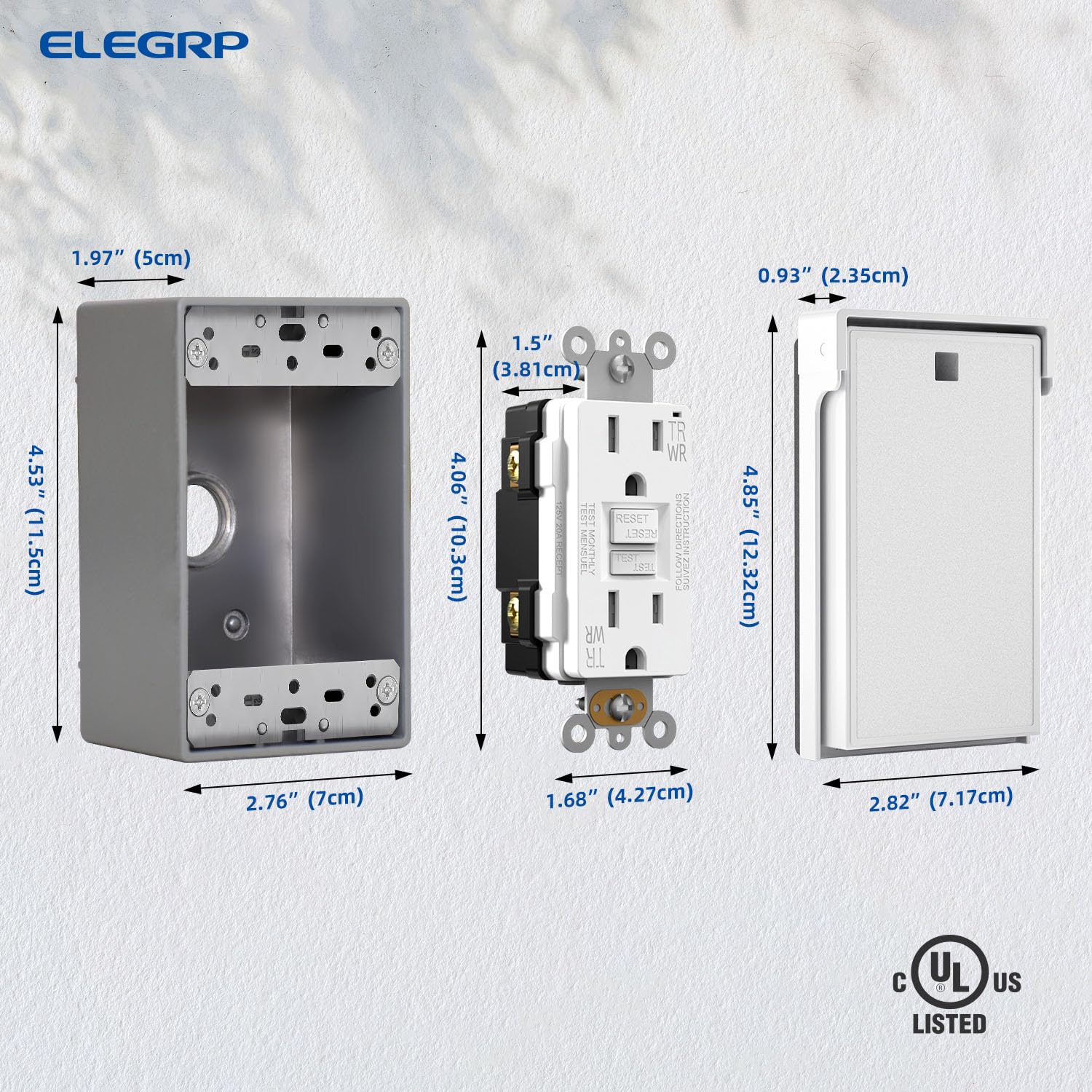 ELEGRP GFCI Outlet 15 Amp, WR, kit de caja eléctrica con placa de pared resistente a la intemperie, blanco, 1 paquete