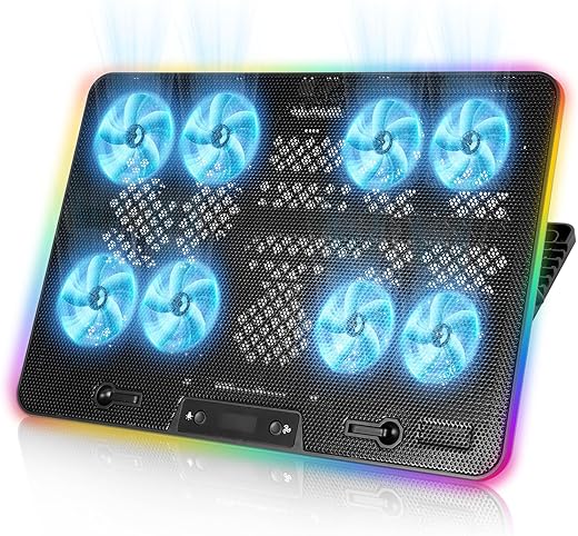 Laptop Cooling Pad, 8-Fan Adjustable Laptop Cooler Quiet with RGB LED Display, 7-Level Height Stand for 12-17 Inch Notebook, Dual USB Ports & Phone Holder, Manual Speed Control