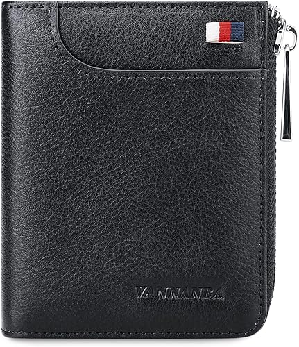 VANNANBA Billetera de piel auténtica con cremallera para hombre, con bloqueo RFID, doble cremallera alrededor de billeteras con bolsillo para