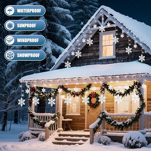 Miniatura 2 de Brightown Luces de copo de nieve de Navidad para exteriores, 13 pies, 192 LED, 16 gotas, 12 modos, temporizador, IP65 impermeable, luces de Navidad