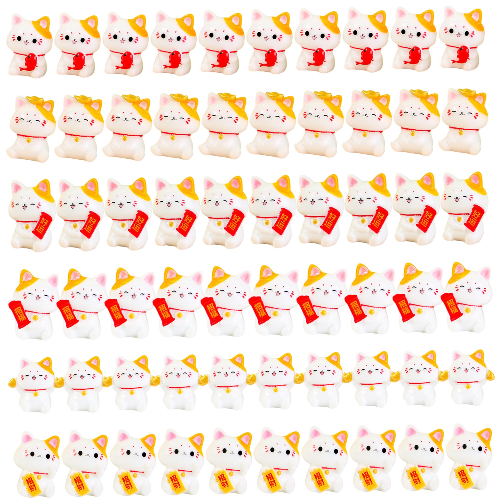 Tsawntd 60PCS Mini Cats, Adorable Miniature Cat Figurines with Fortune & Fish Designs Handcrafted Resin Cats for Kids Adults, Mixed Colors
