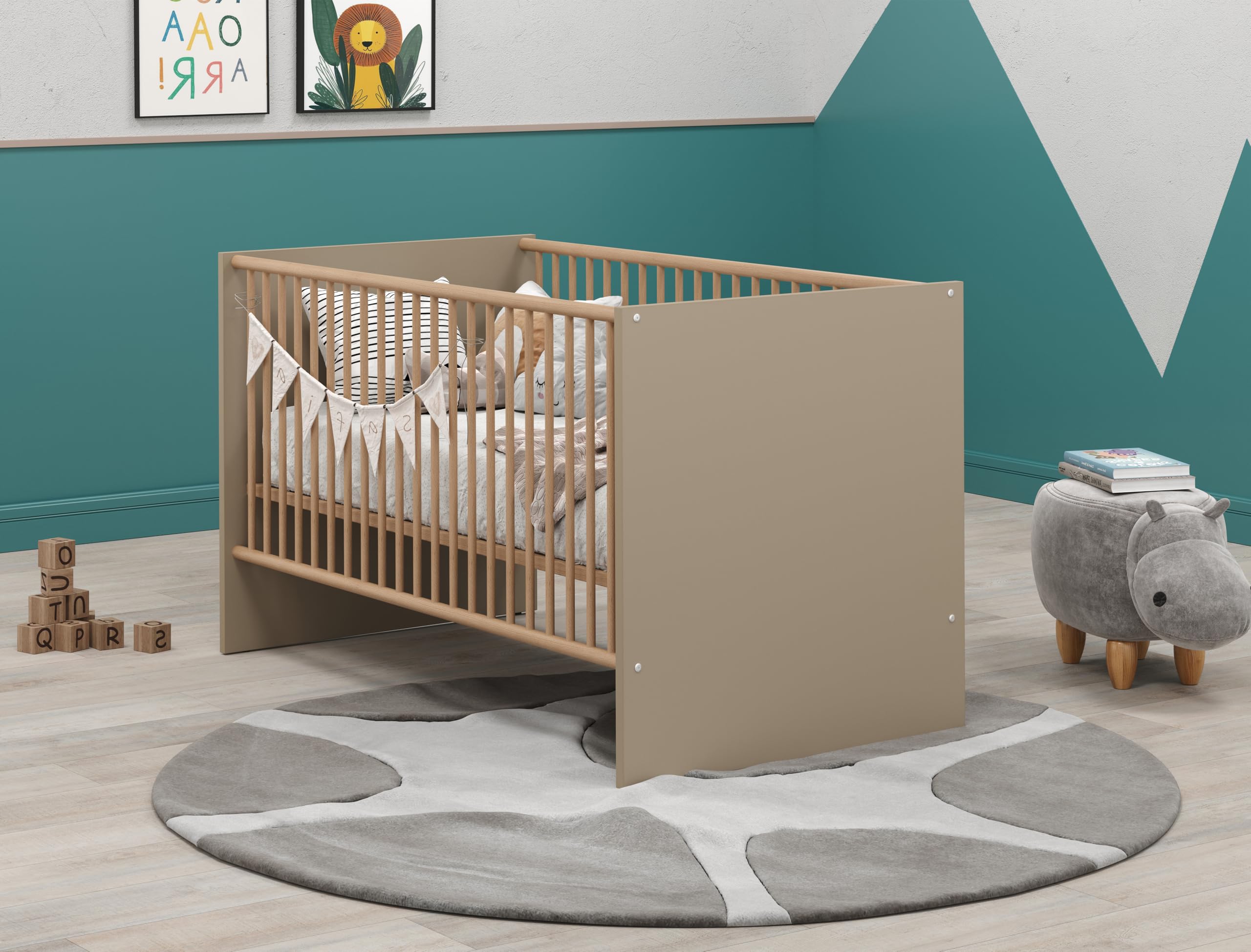 trendteam smart living Berry Babyzimmer Komplett-Set Beige/Eiche modernes Babyzimmer-Set bestehend aus Kleiderschrank, Babybett und Wickelkommode Bett höhenverstellbar von 19 auf 51,8 cm