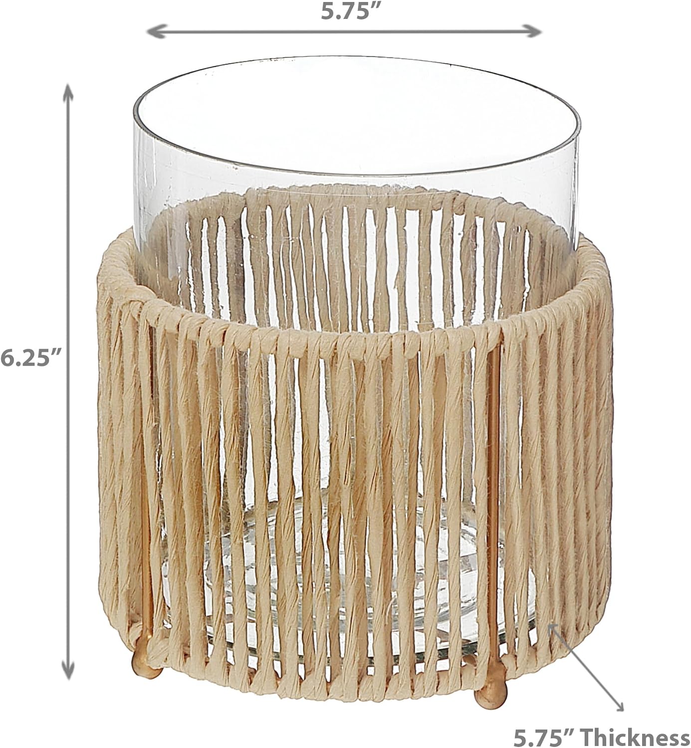 Hurrican Glass Candle Holder with Metal Base and Raffia 6.25"