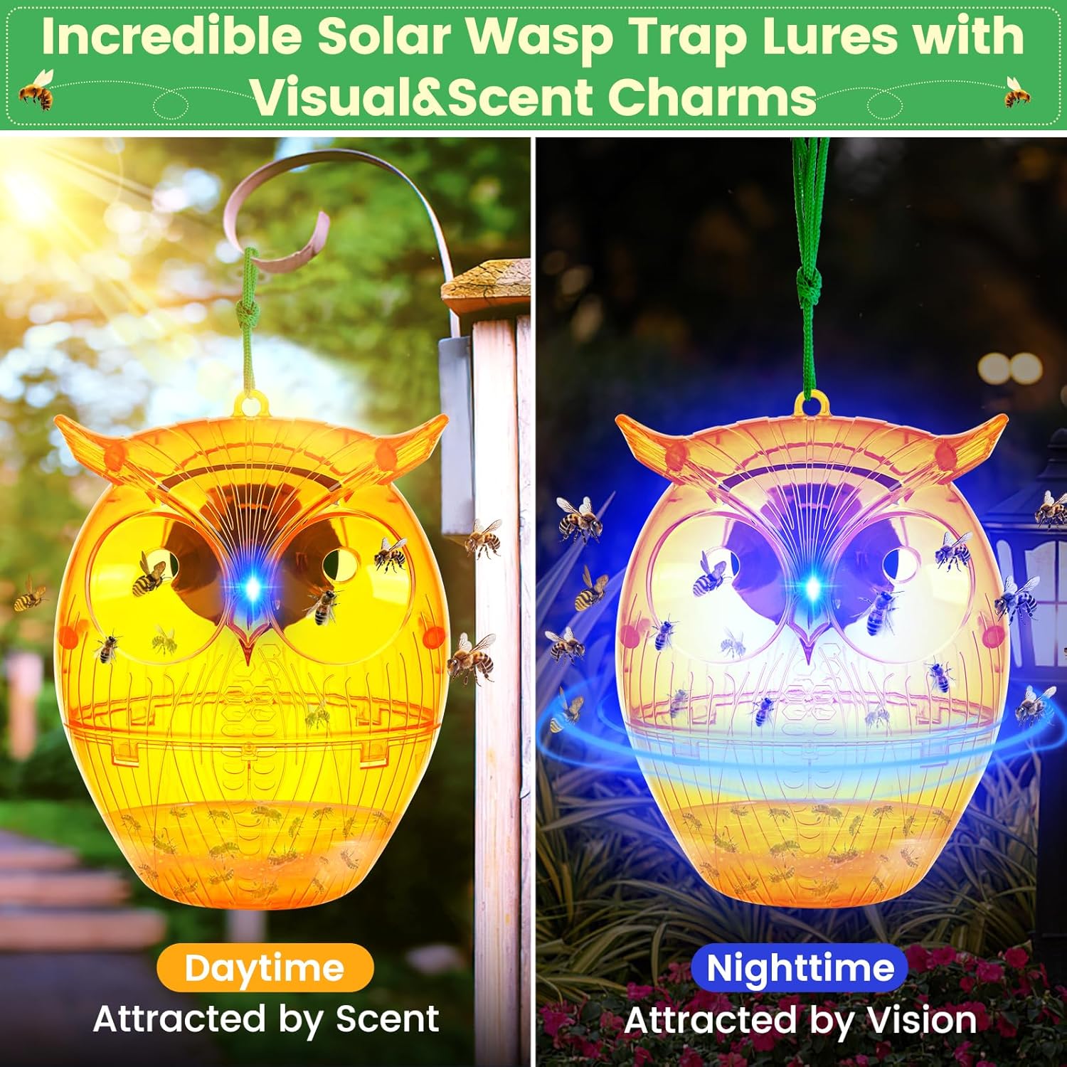 Solar Wasp Trap, Owl-Shaped Outdoor Hanging Bee Catcher with Solar LED Light, Non-Toxic Reusable Trap for Wasps, Hornets & Yellow Jackets, 2 Pack - Orange, Ideal for Gardens & Yards