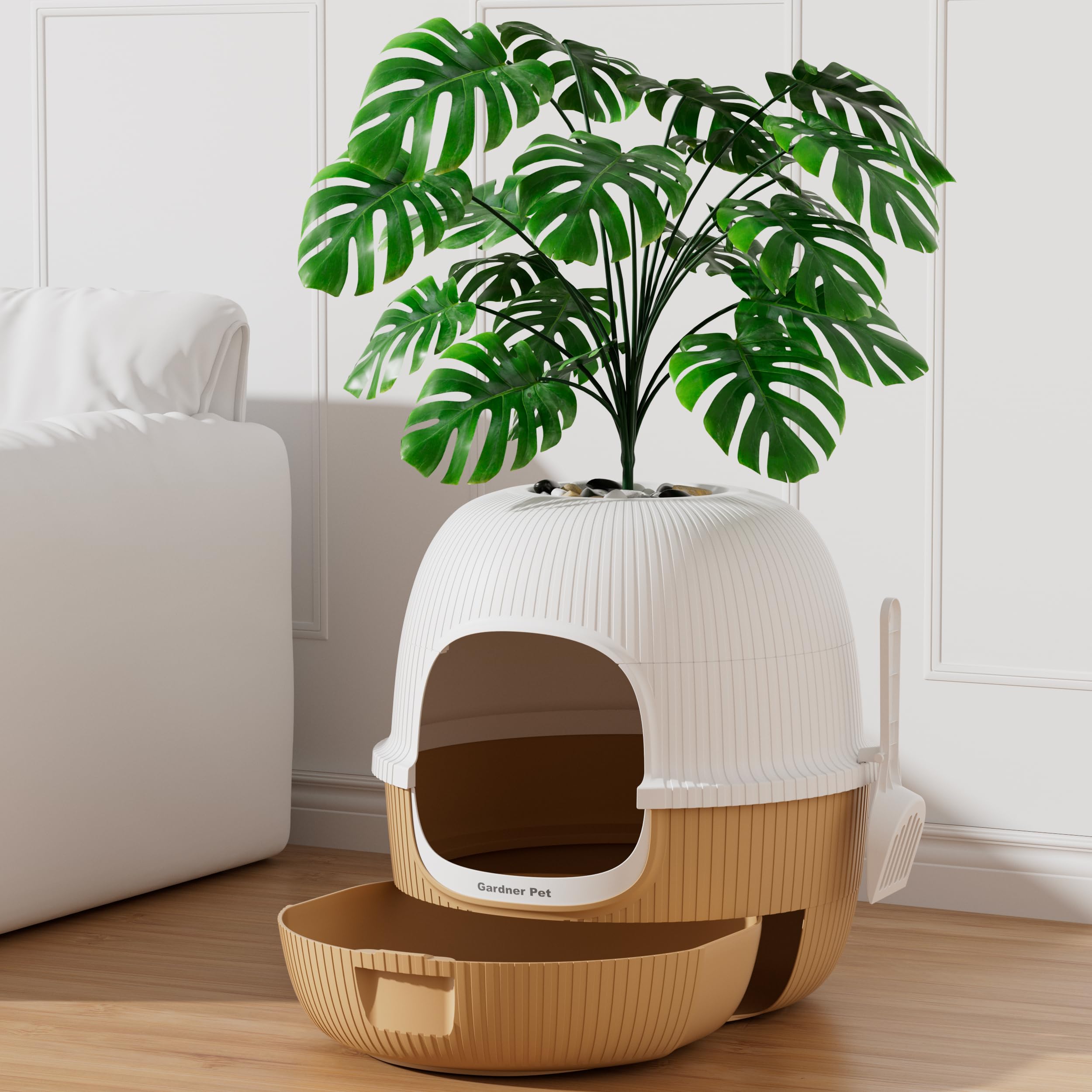 Gardner Pet Arenero Gato con Planta Artificial y Pala-Café Claro | Incluye Filtro de Carbón Activado Anti-Olores, Fácil de Rellenar, Limpiar y Mantener, Diseño a Prueba de Fugas