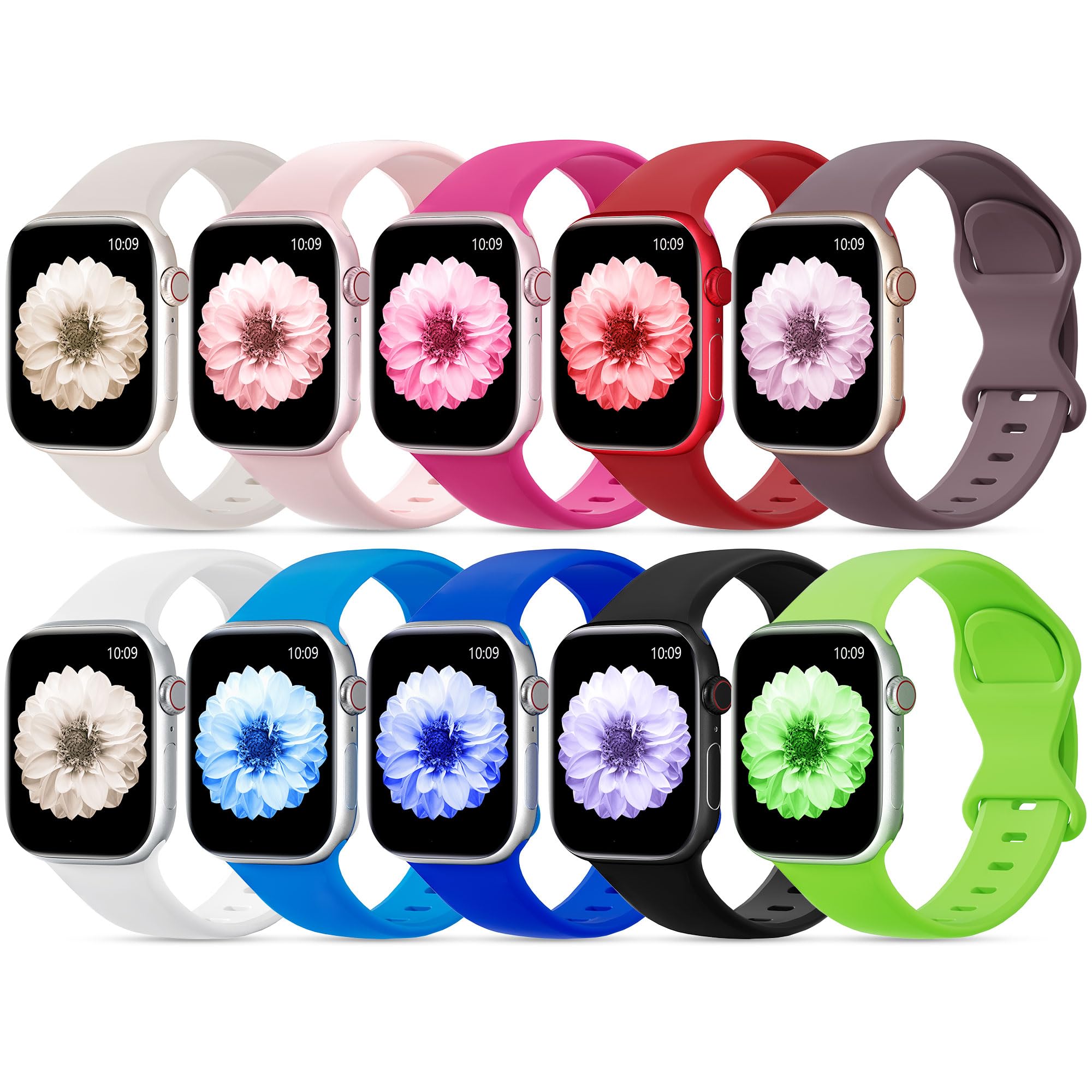 10 Pack Silicone Band Compatible with Apple Watch Bands 38mm 40mm 41mm 42mm 44mm 45mm 49mm, Soft Wristband Waterproof Replacement Sport Strap for
