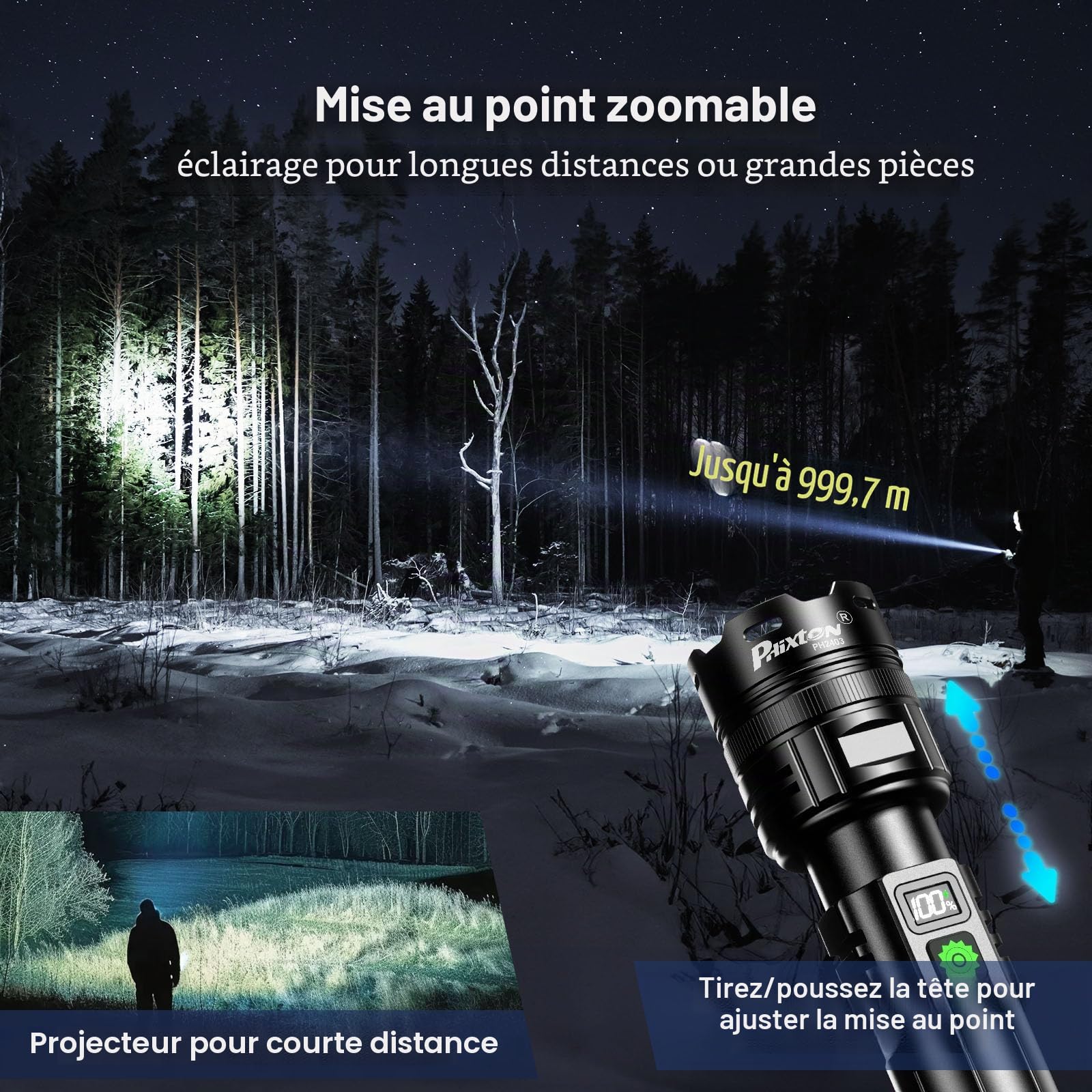 PHIXTON Lampe torche LED rechargeable super lumineuse 100 000 lumens longue distance 1000 mètres puissante zoomable longue durée de vie toucher puissant 10 h