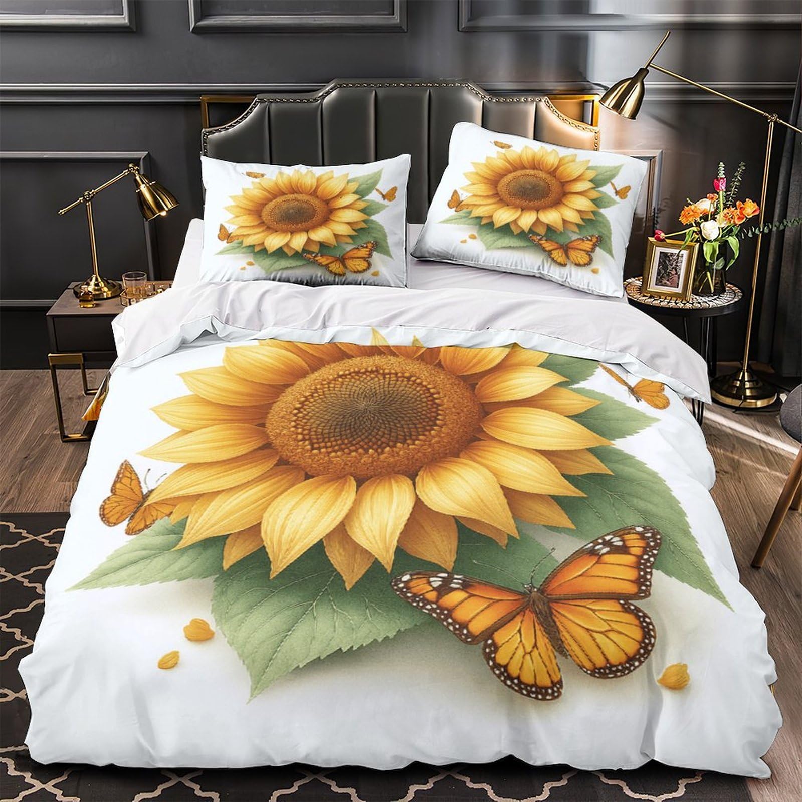 MMDASBVPE Sunflower with Butterflies Duvet Cover 3D Print All Season 3-Piece Bed Set Hidden Zipper Quilt Cover Hotel Quality Washable for Adults Teens Women Kids Youth Teenagers King（220x240cm）