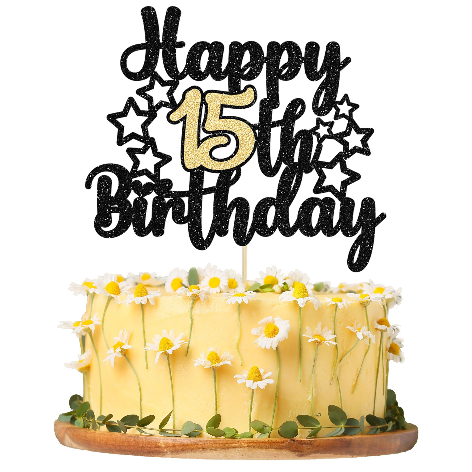 Gyufise Lot De 3 Décorations De Gâteau D'anniversaire à Paillettes Noires « Happy 15th Birthday » Pour 15e Anniversaire - Fournitures De Fête à Thème « Cheers To 15 Ans